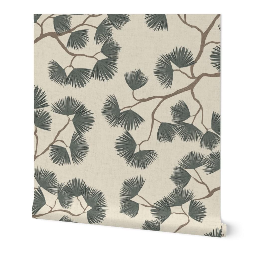 Green Pine Branch Wallpaper minimalist Japandi Wall covering cozy woodland Scandinavian wall decor natural calming farmhouse peel and stick