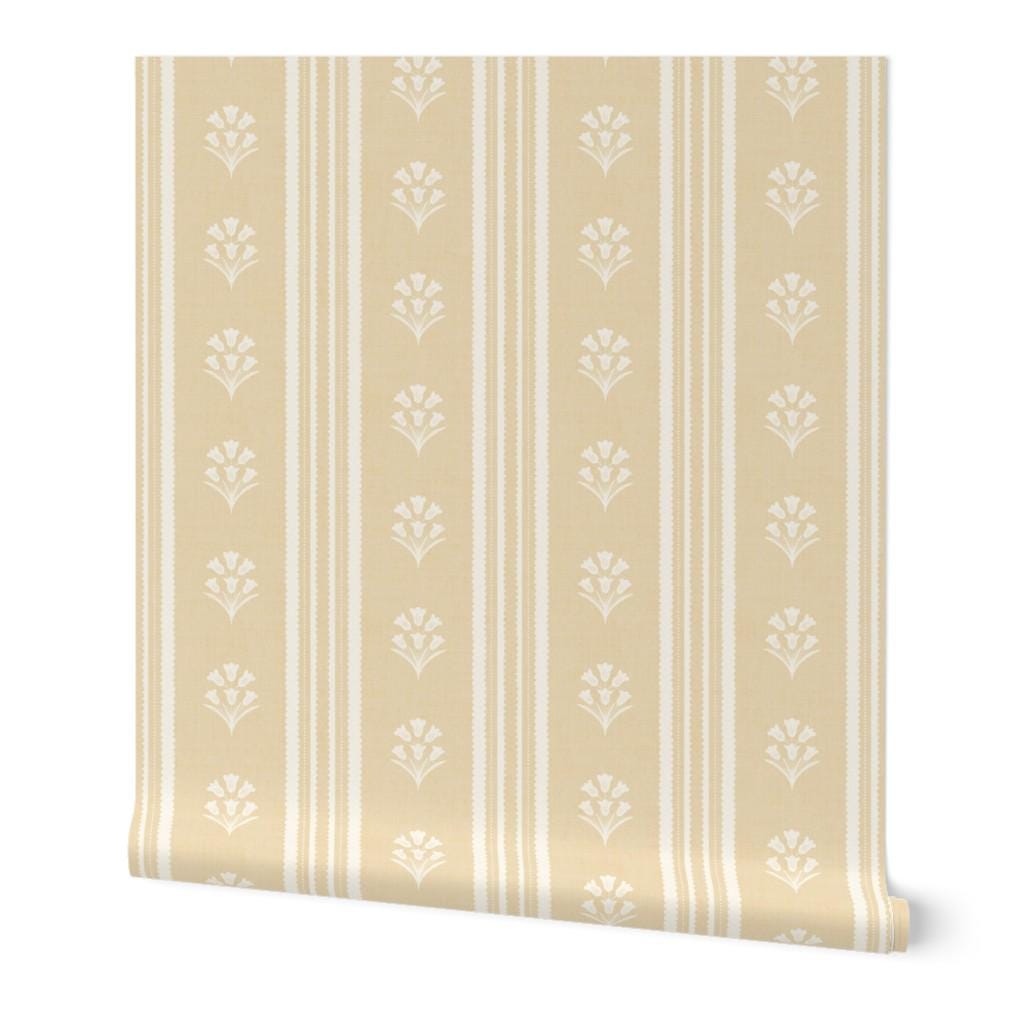 Yellow Floral Stripe Wallpaper: Wildflower Scallop Striped Wall Covering, Botanical Stripes, Charming Cottage Granny Chic Decor