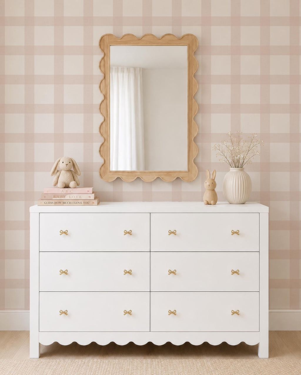 Blush Pink Gingham Wallpaper: Cozy Cottage, Nursery Wall Covering (Peel and Stick) Kid Playroom Wall Decor Vintage Baby Room Peel and Stick