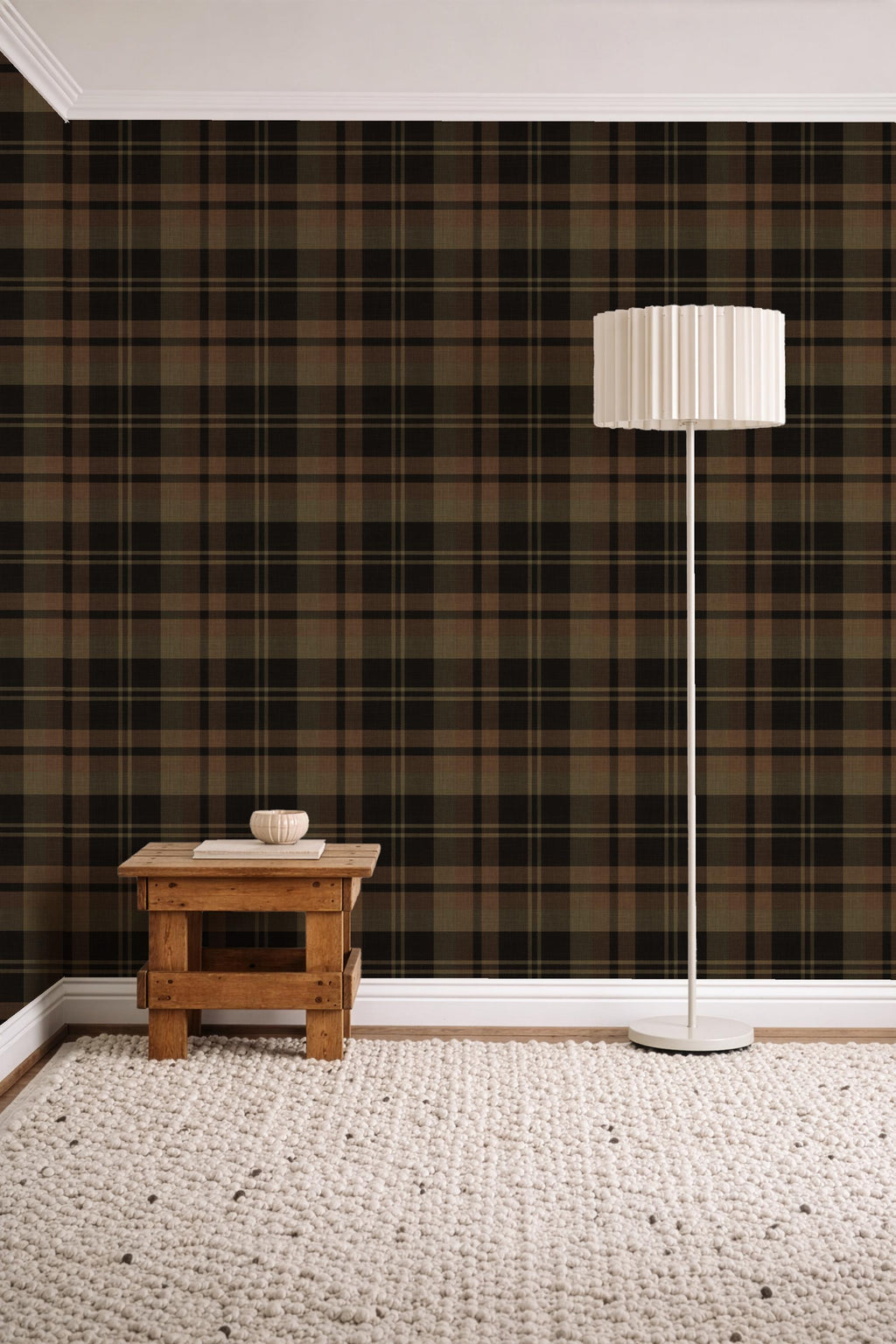 Dark black Plaid removable peel & stick Wallpaper: rustic dark brown olive green Wall covering - cozy farmhouse interior - grasscloth option