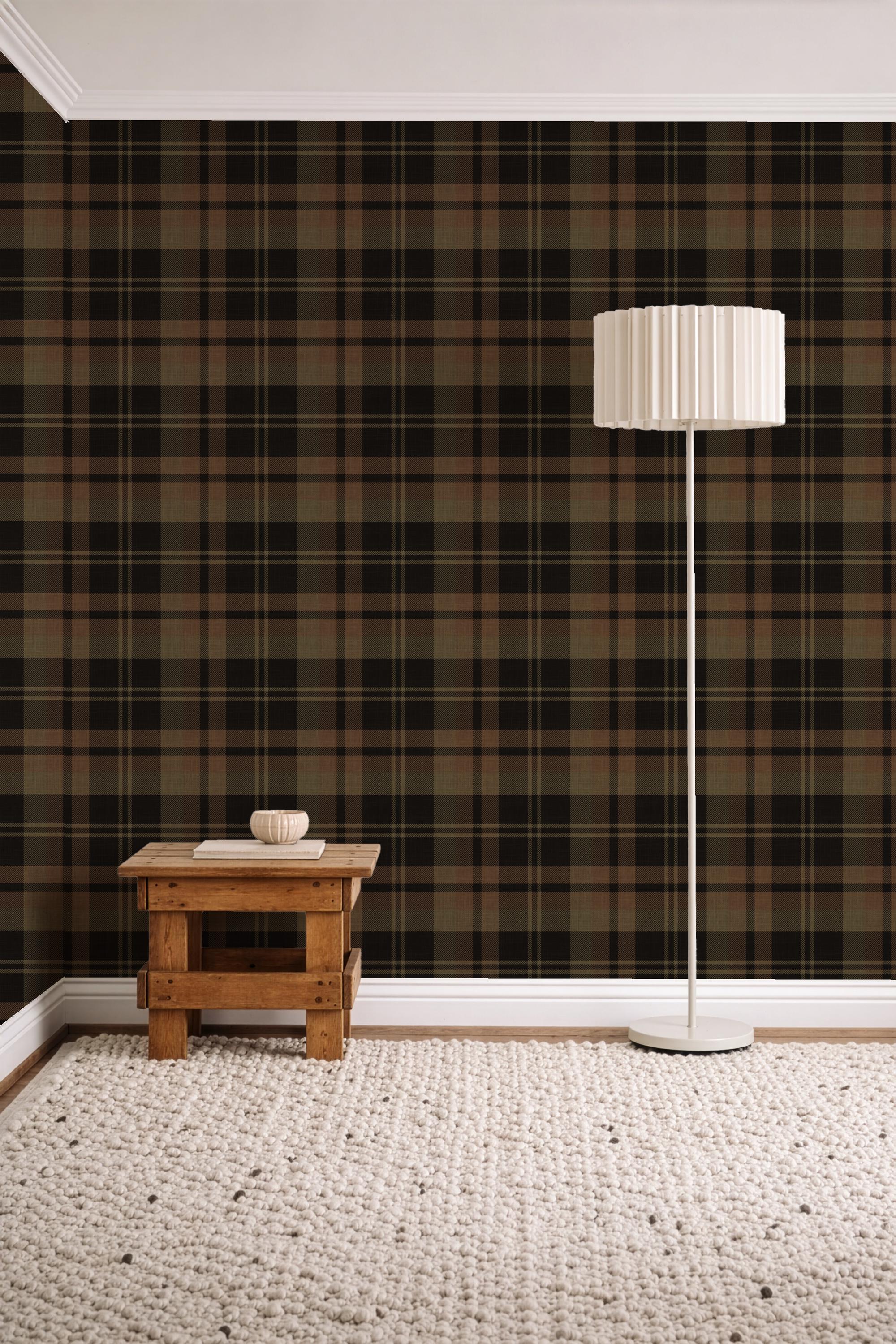 Dark black Plaid removable peel & stick Wallpaper: rustic dark brown olive green Wall covering - cozy farmhouse interior - grasscloth option