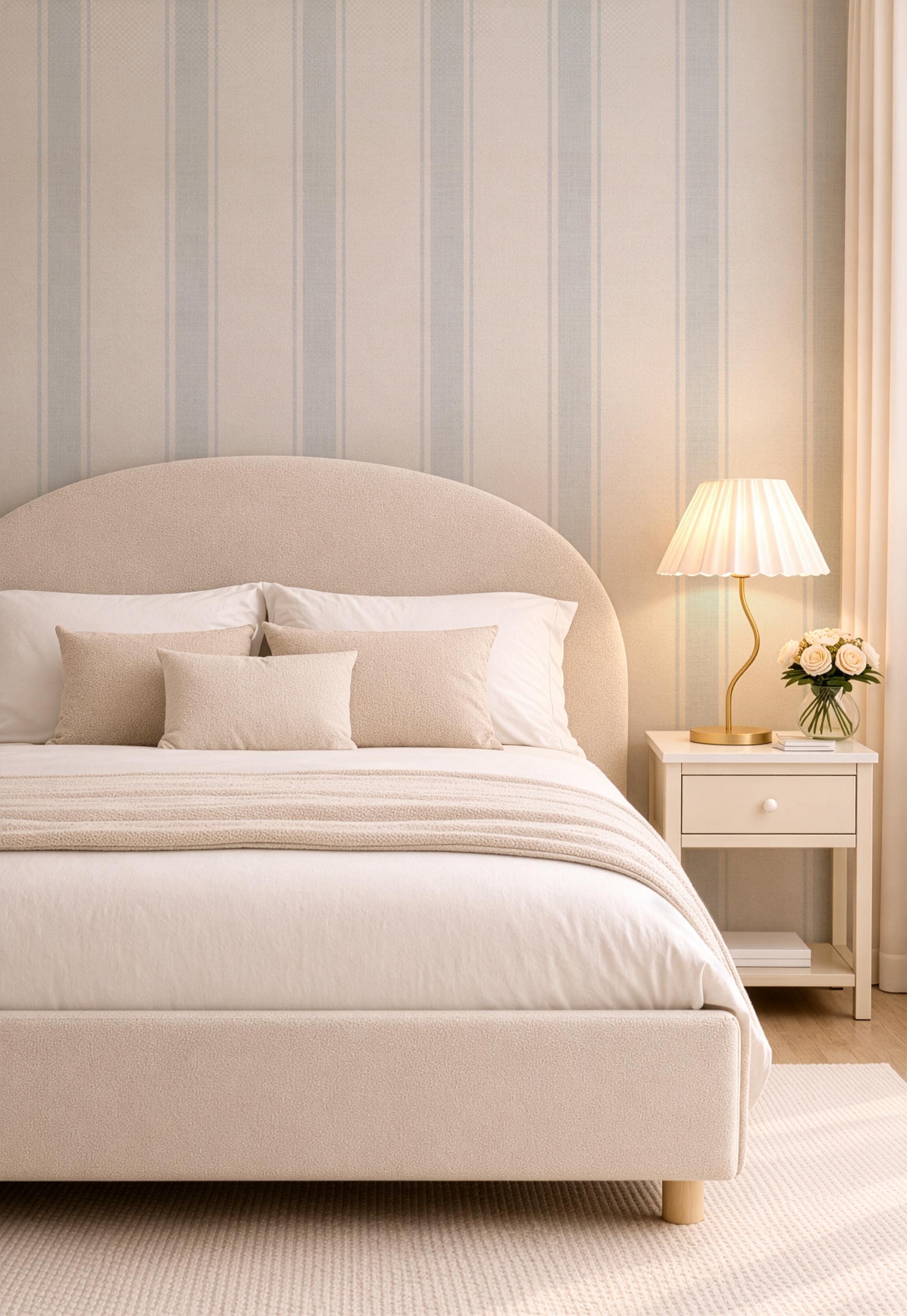 May include: A beige upholstered bed with a curved headboard, adorned with pillows and a blanket. A bedside table with a lamp and flowers sits beside the bed. The wall features vertical stripes in beige and light blue.