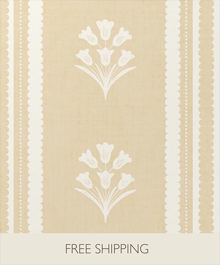 Yellow Floral Stripe Wallpaper: Wildflower Scallop Striped Wall Covering, Botanical Stripes, Charming Cottage Granny Chic Decor