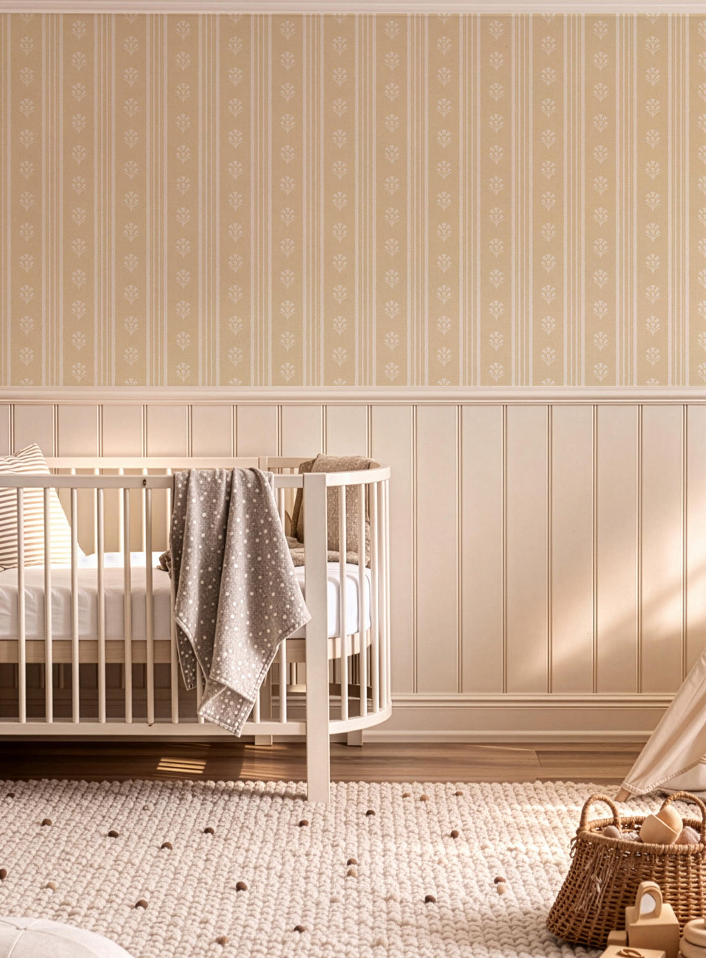 Yellow Floral Stripe Wallpaper: Wildflower Scallop Striped Wall Covering, Botanical Stripes, Charming Cottage Granny Chic Decor