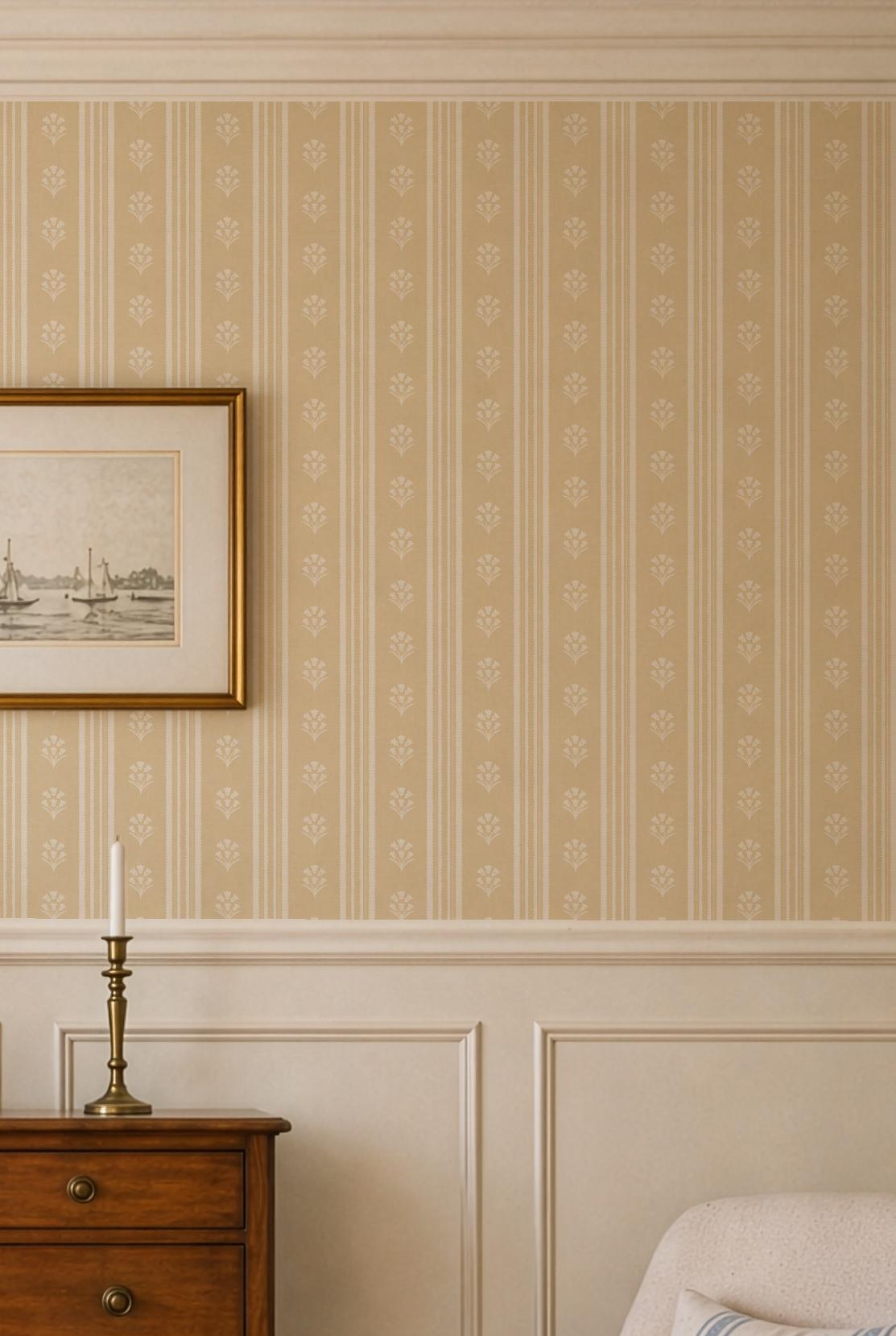 Yellow Floral Stripe Wallpaper: Wildflower Scallop Striped Wall Covering, Botanical Stripes, Charming Cottage Granny Chic Decor