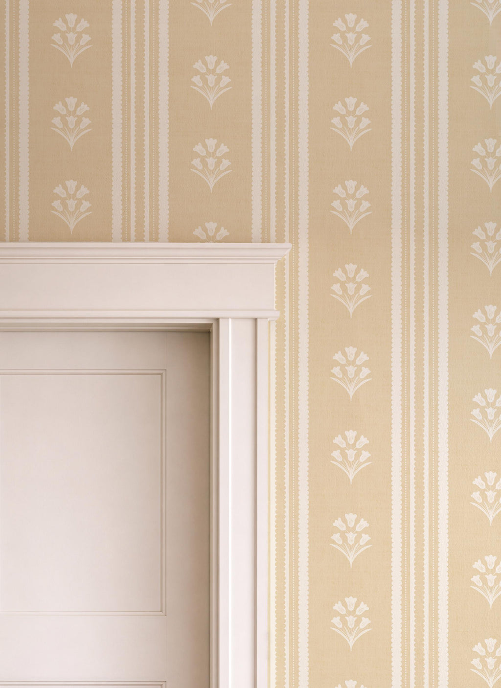 Yellow Floral Stripe Wallpaper: Wildflower Scallop Striped Wall Covering, Botanical Stripes, Charming Cottage Granny Chic Decor