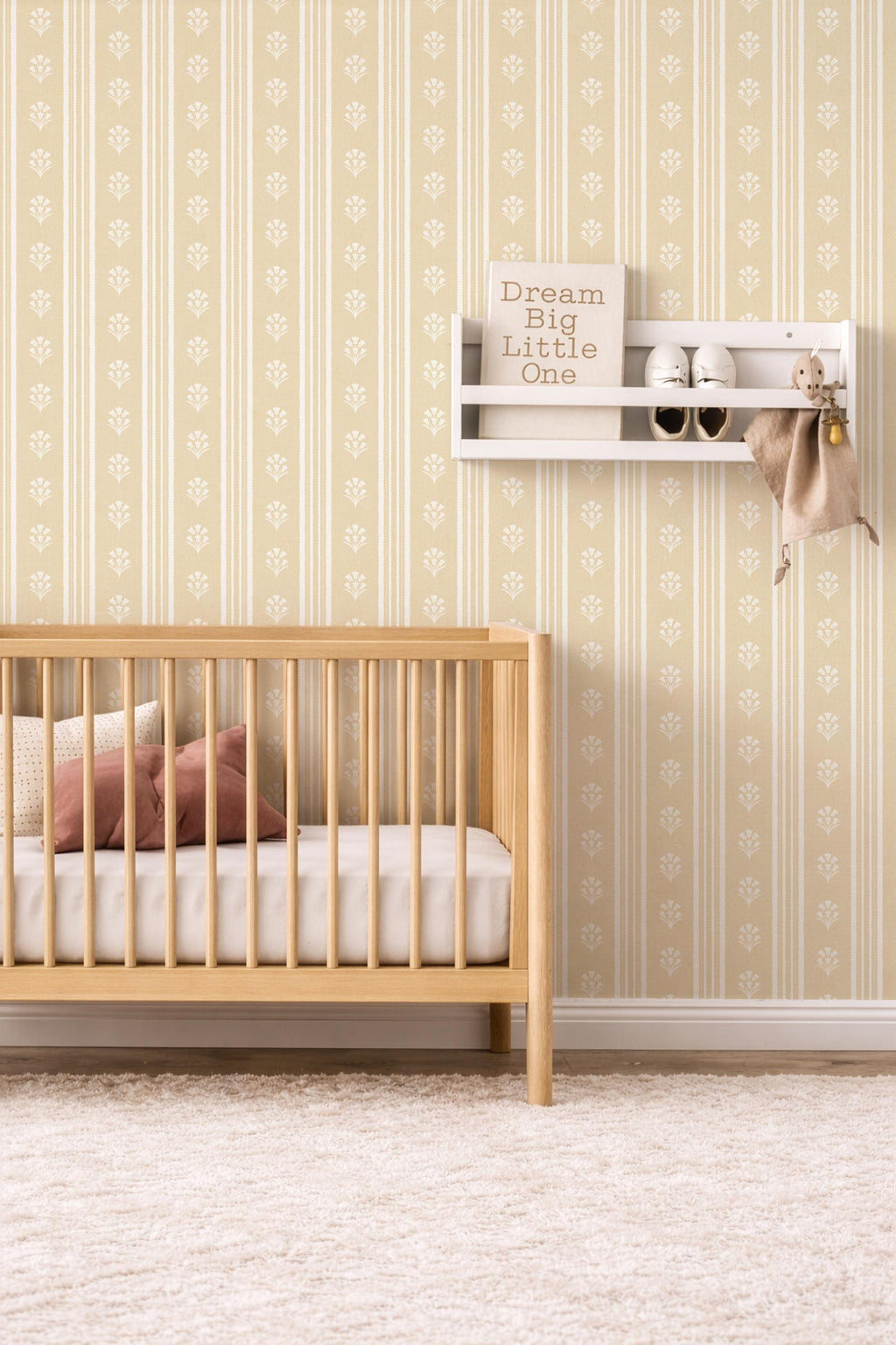 Yellow Floral Stripe Wallpaper: Wildflower Scallop Striped Wall Covering, Botanical Stripes, Charming Cottage Granny Chic Decor
