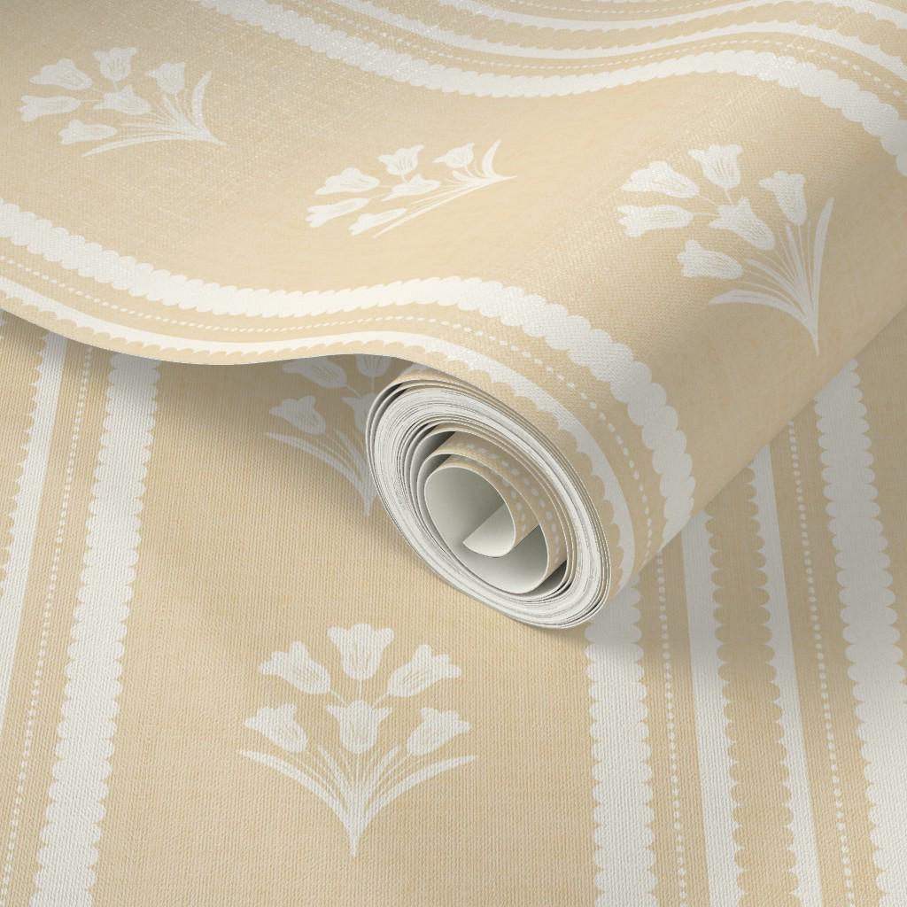 Yellow Floral Stripe Wallpaper: Wildflower Scallop Striped Wall Covering, Botanical Stripes, Charming Cottage Granny Chic Decor