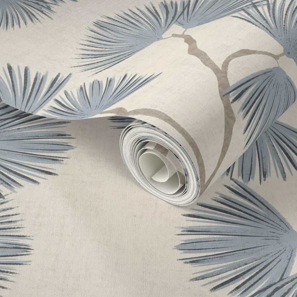 Scandinavian Pine Branch Wallpaper: Slate Blue Japanese Wall Covering Minimalist Woodland Wall Decor (Peel and Stick)