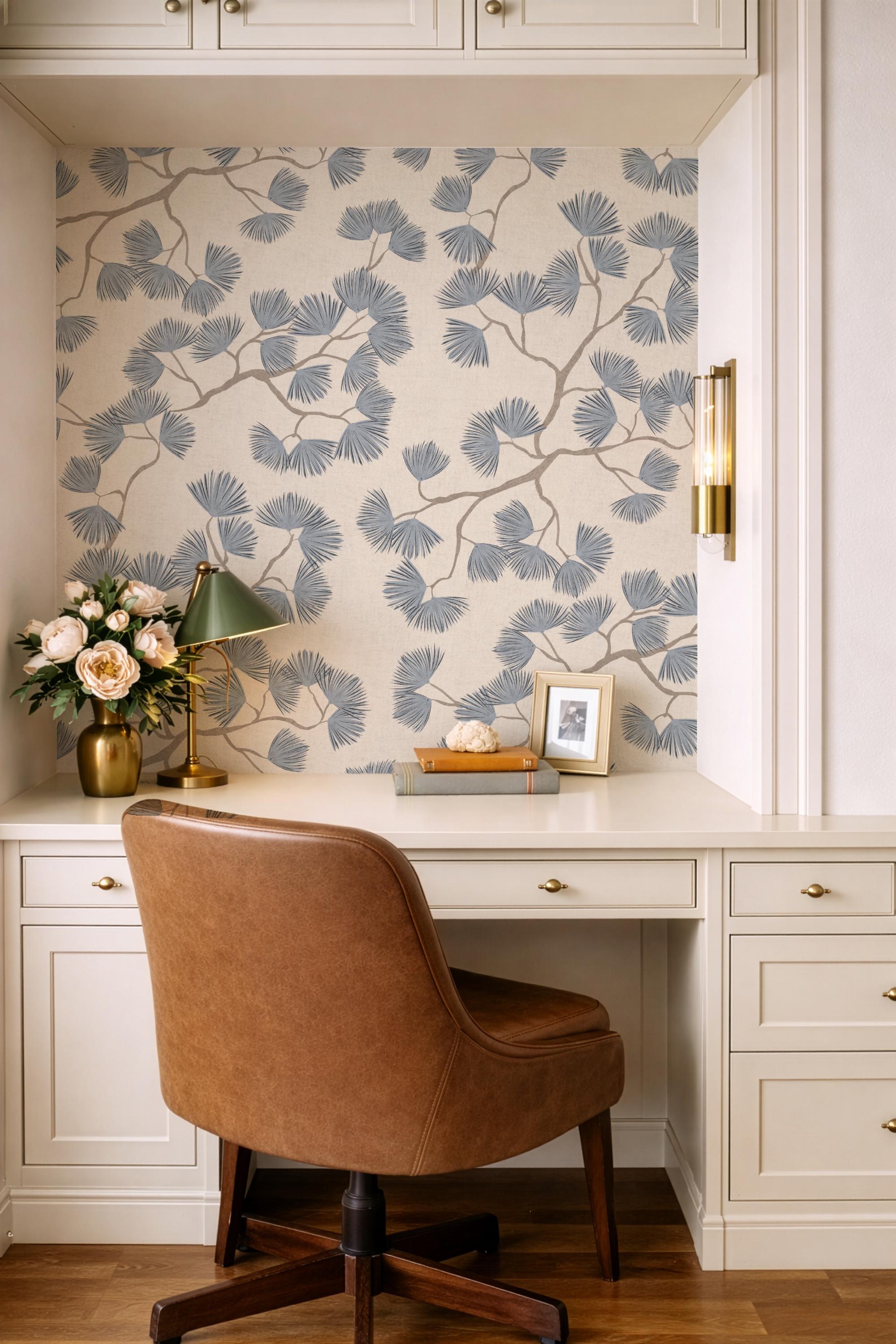 Scandinavian Pine Branch Wallpaper: Slate Blue Japanese Wall Covering Minimalist Woodland Wall Decor (Peel and Stick)