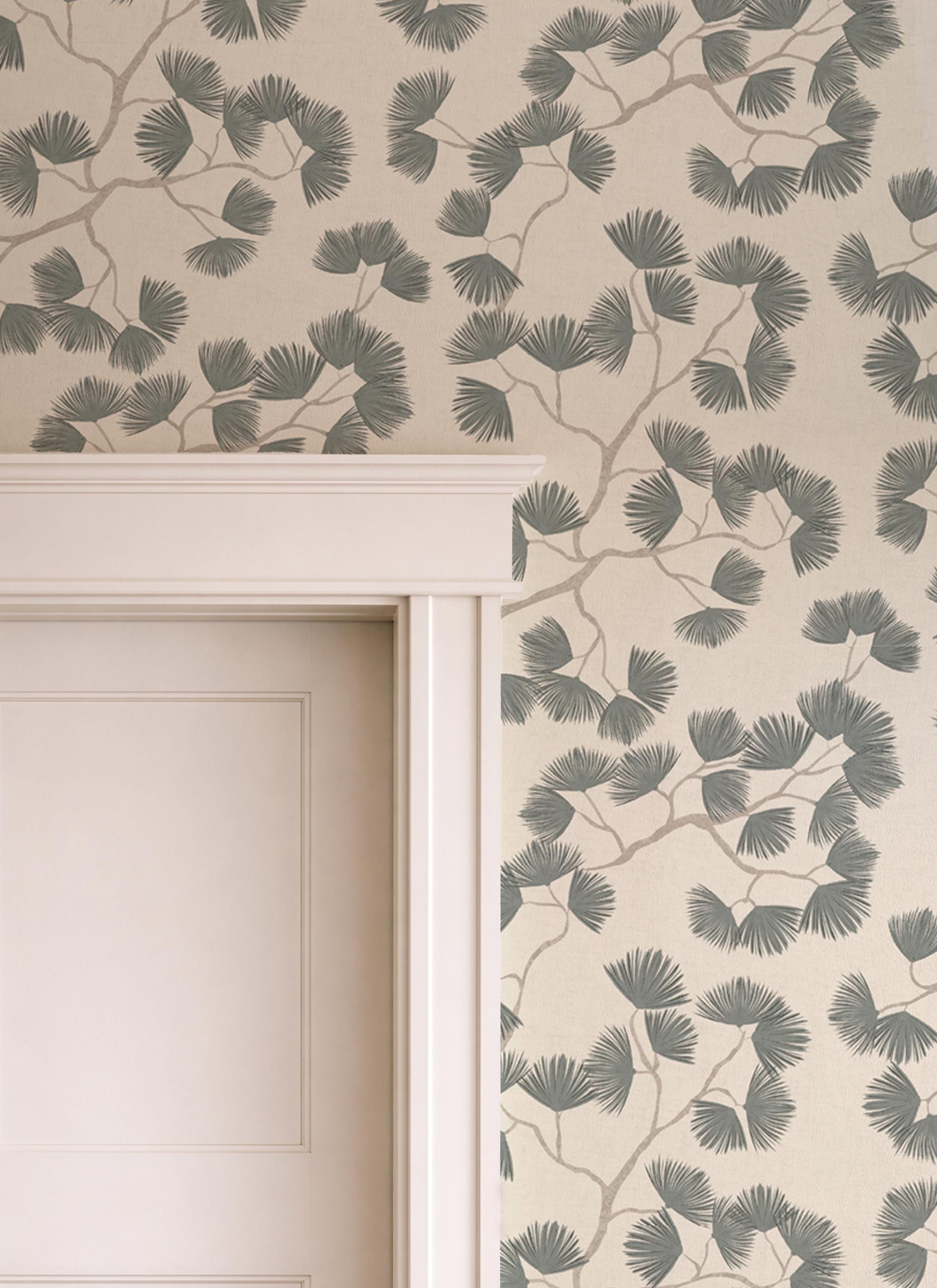 Green Pine Branch Wallpaper minimalist Japandi Wall covering cozy woodland Scandinavian wall decor natural calming farmhouse peel and stick