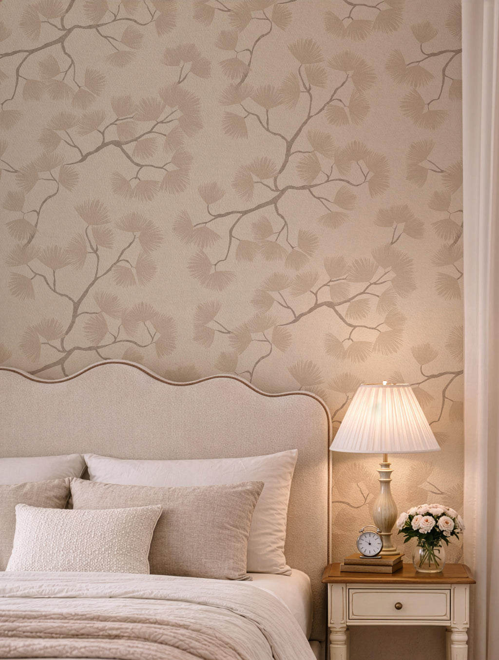 Beige Pine Branch Wallpaper – Minimalist Woodland Wall Decor (Peel and Stick)