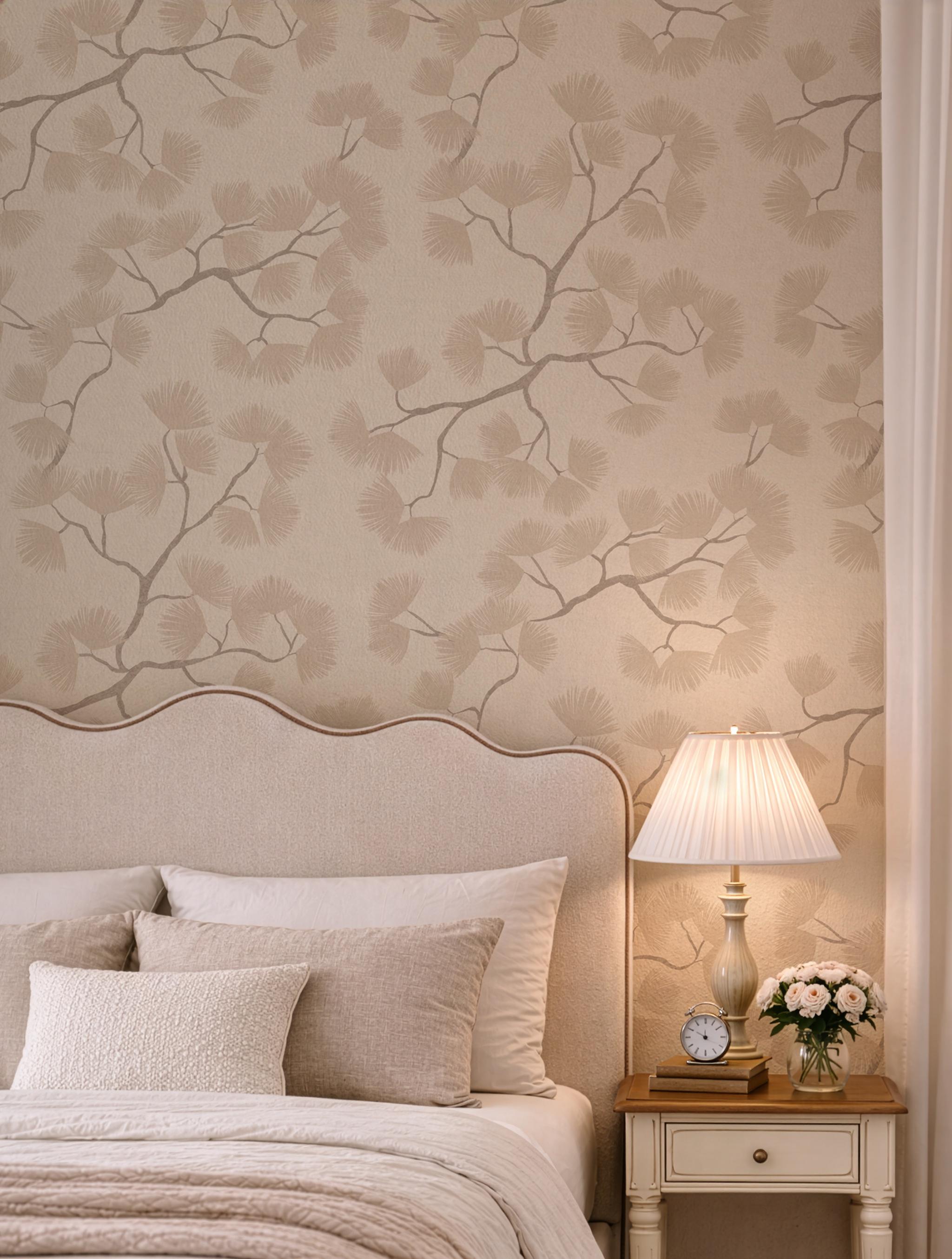 Beige Pine Branch Wallpaper – Minimalist Woodland Wall Decor (Peel and Stick)