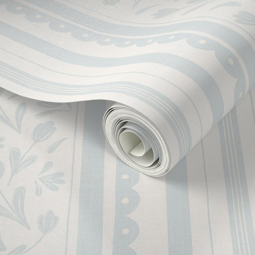 Pastel blue Striped Floral Wallpaper: Vintage Cottage Scallop Wall Covering, wildflower nursery wall decor, farmhouse scallop stripes