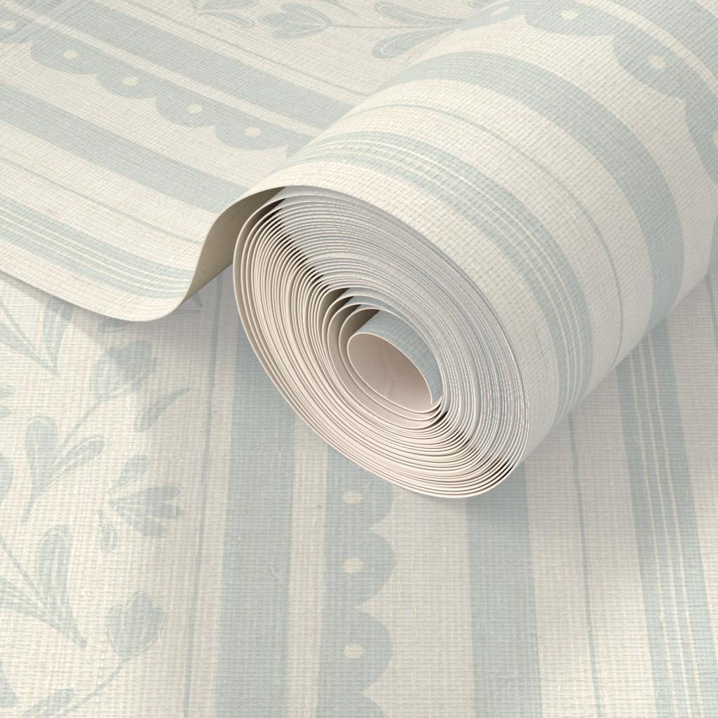 Pastel blue Striped Floral Wallpaper: Vintage Cottage Scallop Wall Covering, wildflower nursery wall decor, farmhouse scallop stripes