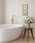 Pastel blue Striped Floral Wallpaper: Vintage Cottage Scallop Wall Covering, wildflower nursery wall decor, farmhouse scallop stripes