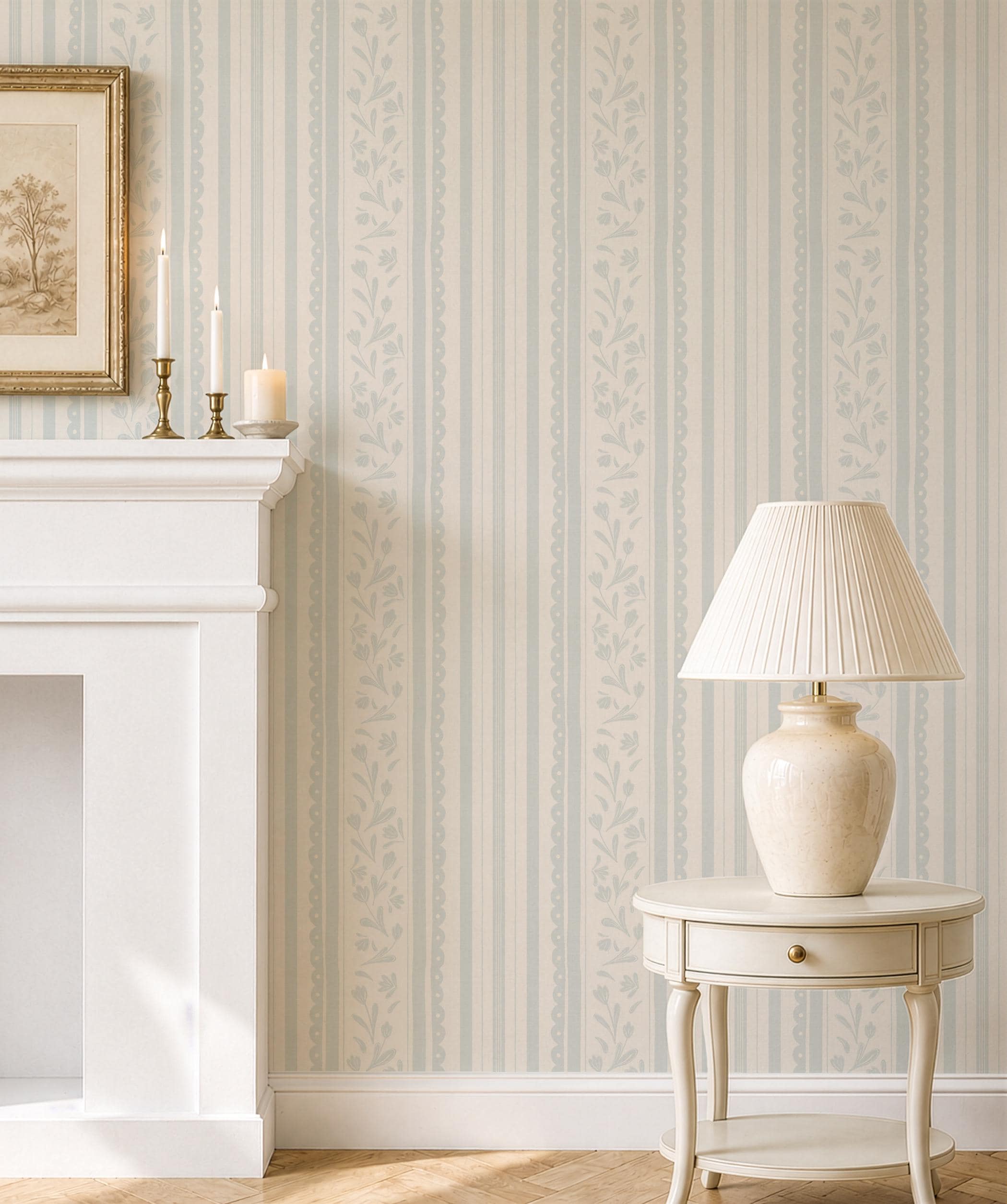Pastel blue Striped Floral Wallpaper: Vintage Cottage Scallop Wall Covering, wildflower nursery wall decor, farmhouse scallop stripes