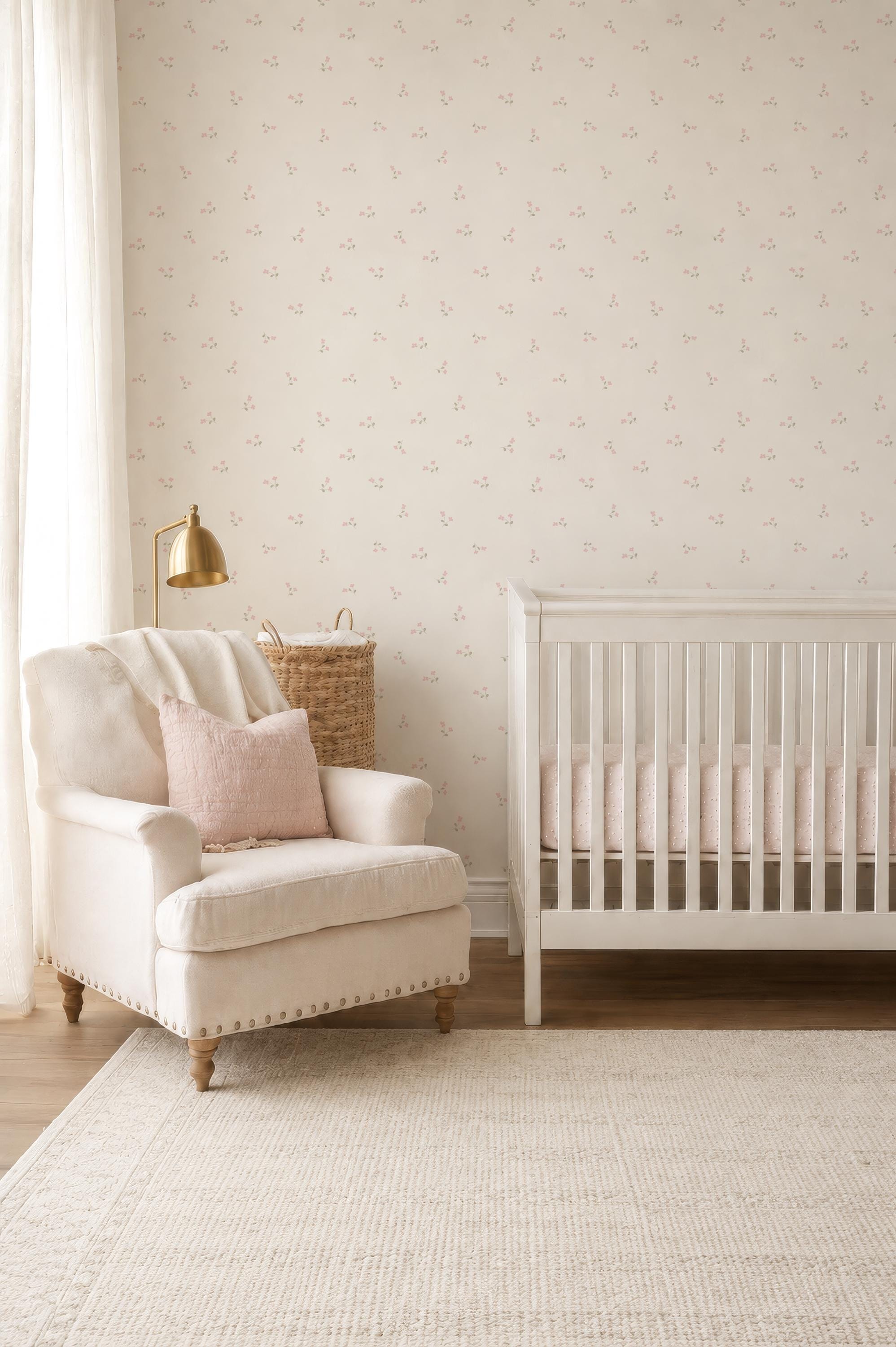 Pink Tiny Wildflower Wallpaper – Vintage Girl Nursery Wall Covering (Peel and Stick) - Soft Rose ditsy floral Cottage Baby Girl Powder Room