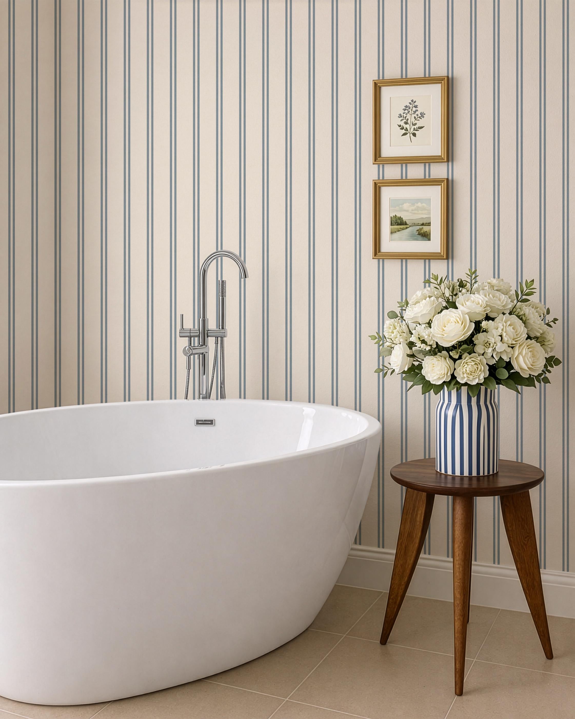 Blue & cream soft double striped Wallpaper: Coastal Farmhouse Neutral Texture - premium wallpaper - FREE SHIPPING