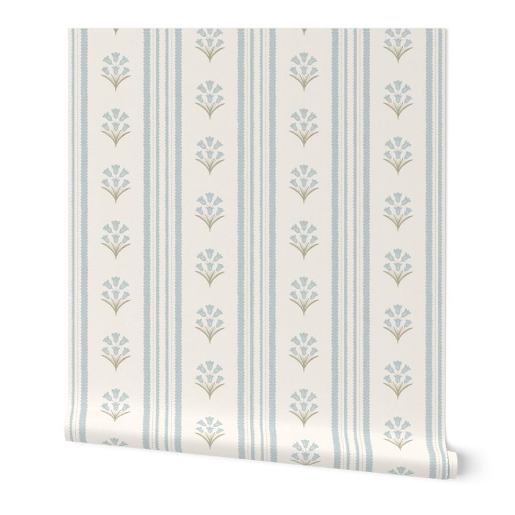 Blue Wildflower Stripe Wallpaper, Vintage Cottage Nursery Decor, Botanical Pattern