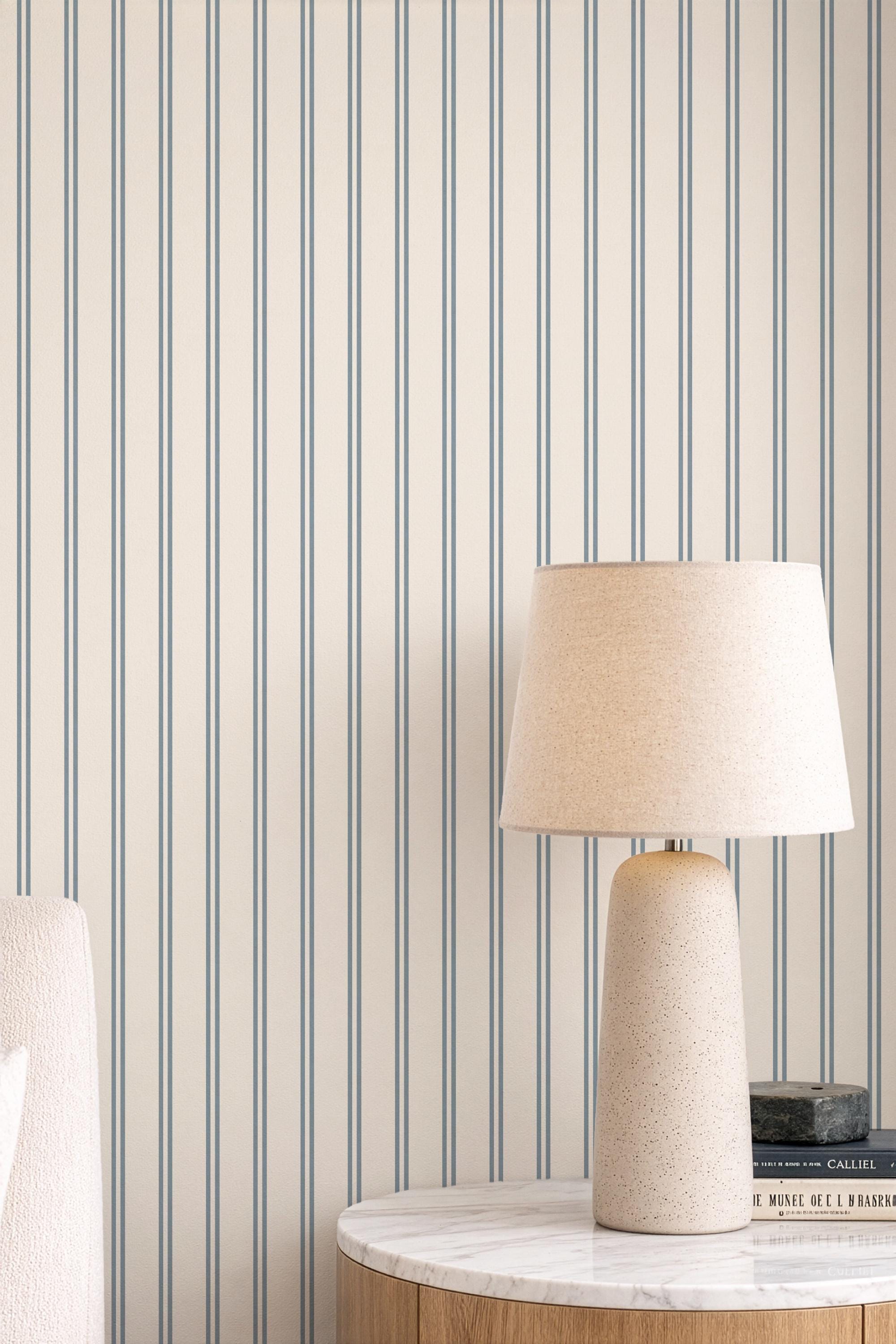 Blue striped wallpaper cozy dusty blue thin lines wall covering cute nursery wall decor coastal farmhouse elegant wallpaper peel and stick