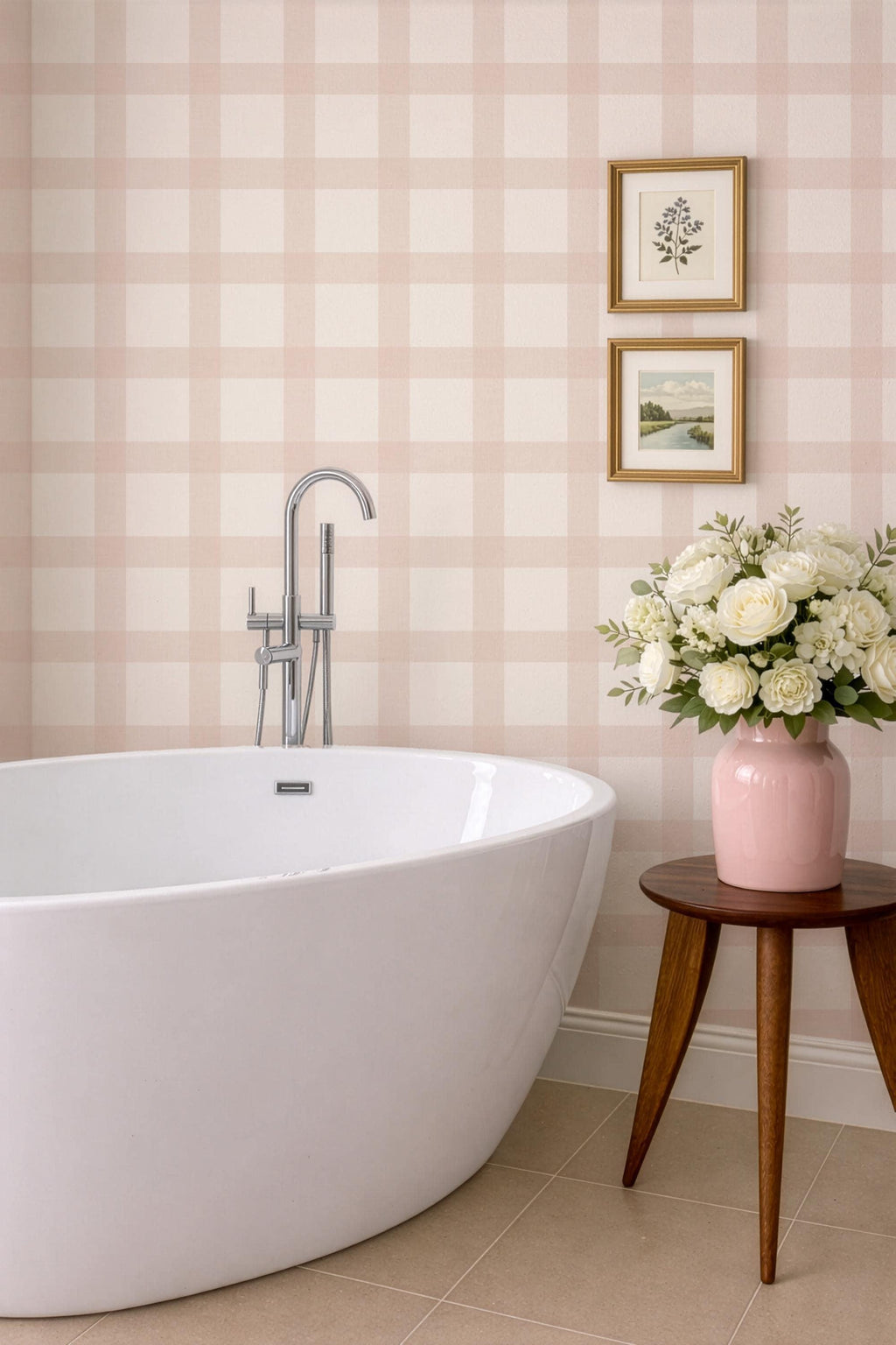 Blush Pink Gingham Wallpaper: Cozy Cottage, Nursery Wall Covering (Peel and Stick) Kid Playroom Wall Decor Vintage Baby Room Peel and Stick