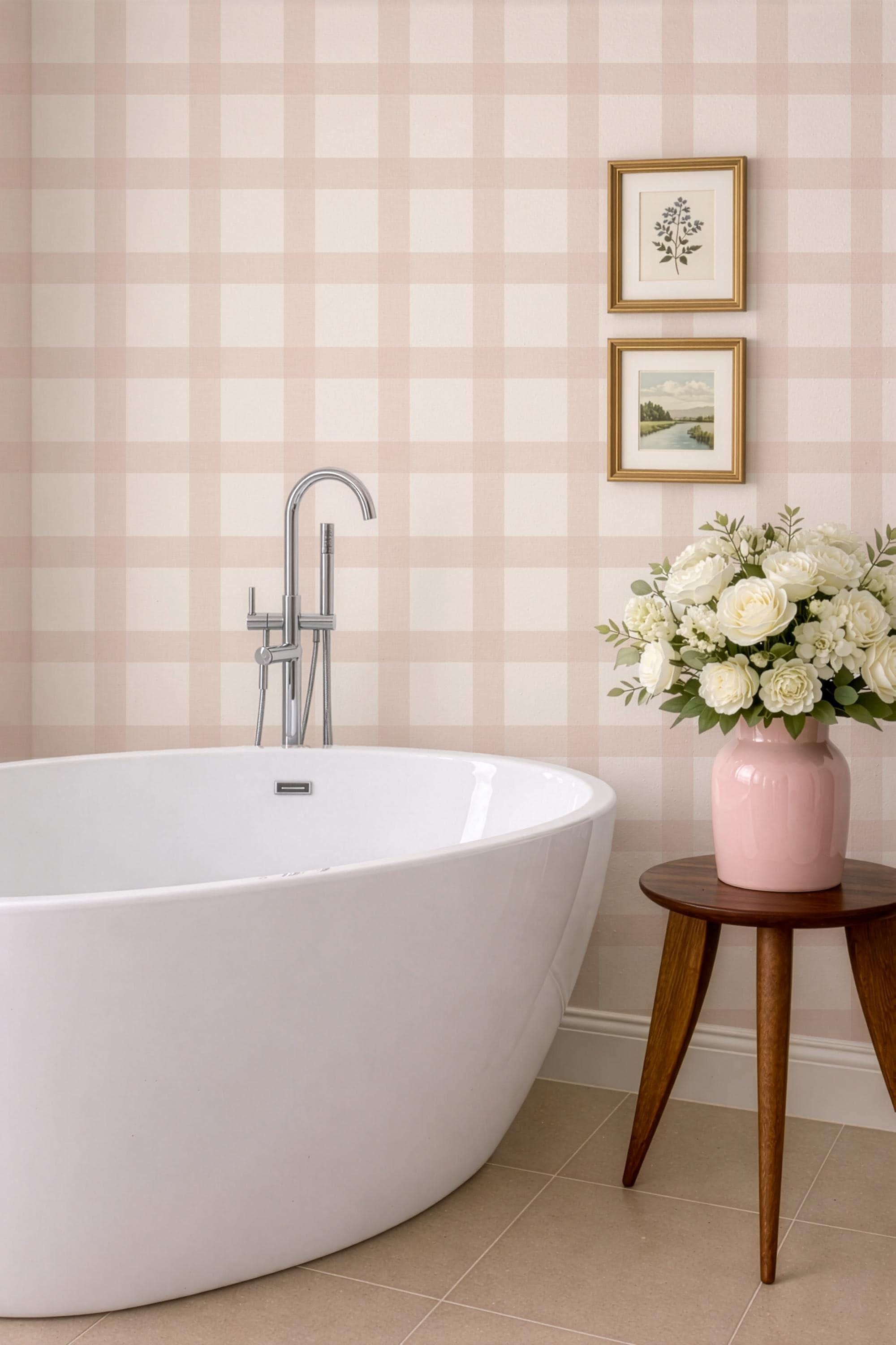 Blush Pink Gingham Wallpaper: Cozy Cottage, Nursery Wall Covering (Peel and Stick) Kid Playroom Wall Decor Vintage Baby Room Peel and Stick