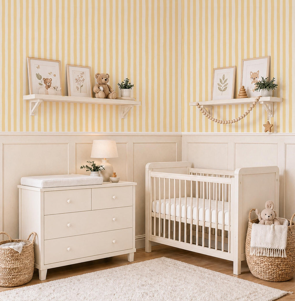 Butter Yellow Hand-Painted Stripe Nursery Wallpaper – Kids Room Wall Decor