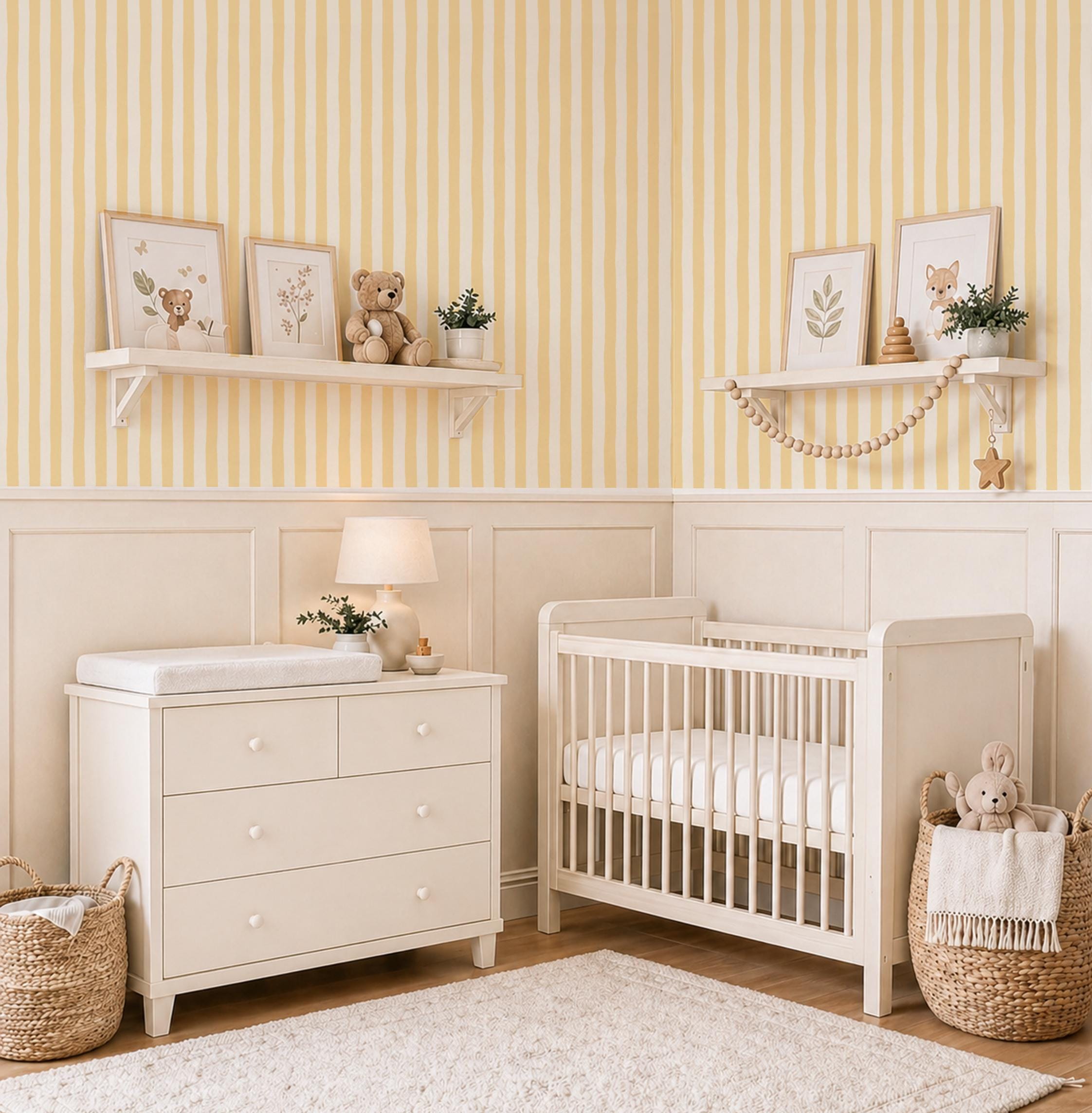 Butter Yellow Hand-Painted Stripe Nursery Wallpaper – Kids Room Wall Decor