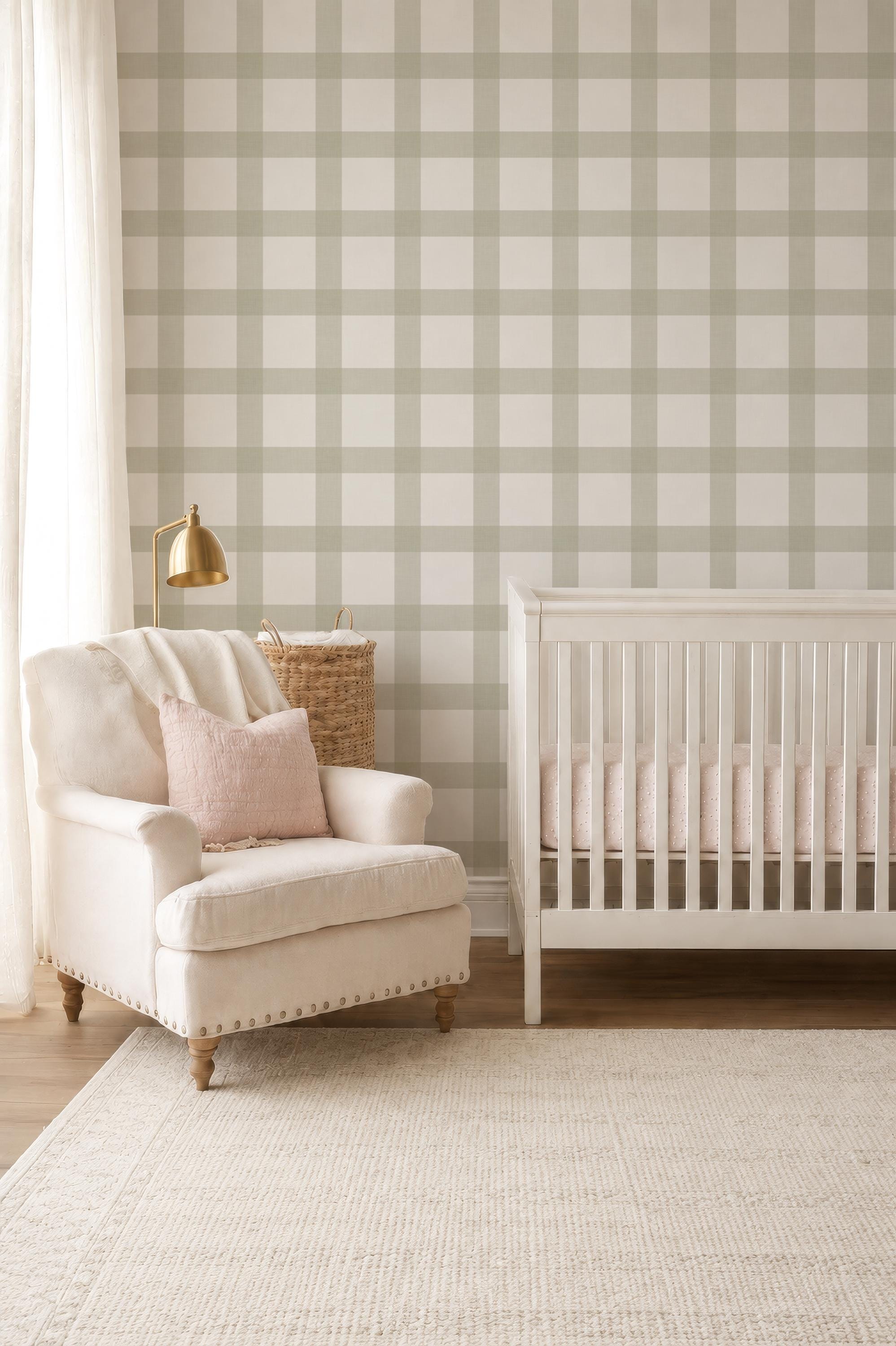 Sage Green Buffalo Plaid Wallpaper, Peel and Stick Nursery Decor, Farmhouse Check (Removable)
