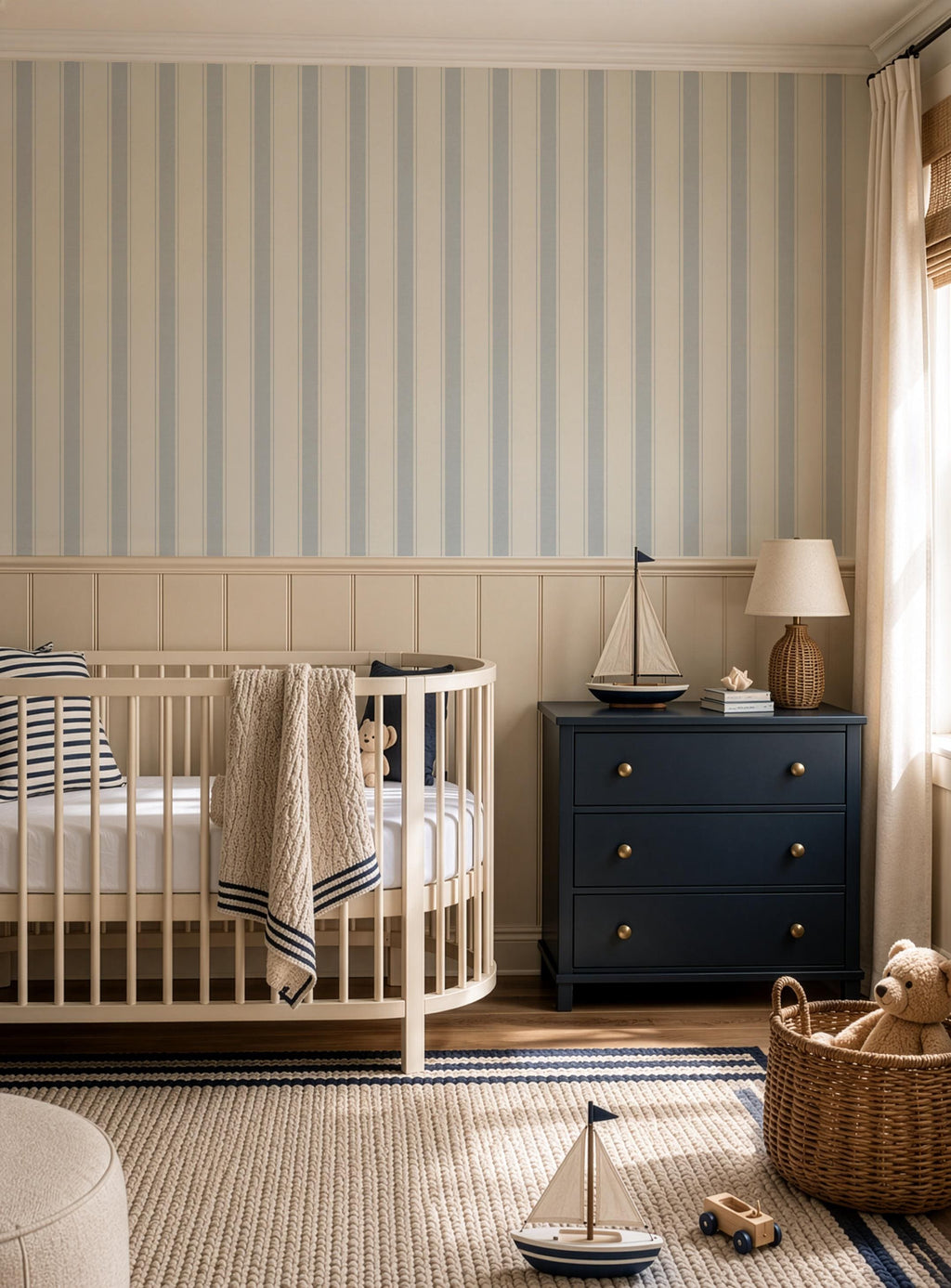 Blue Nursery Striped wallpaper, granny chic farmhouse ticking stripes, removable cottage striped wall decor with texture, peel and stick