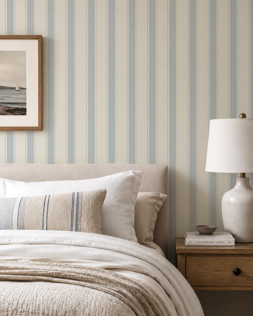 Blue Nursery Striped wallpaper, granny chic farmhouse ticking stripes, removable cottage striped wall decor with texture, peel and stick