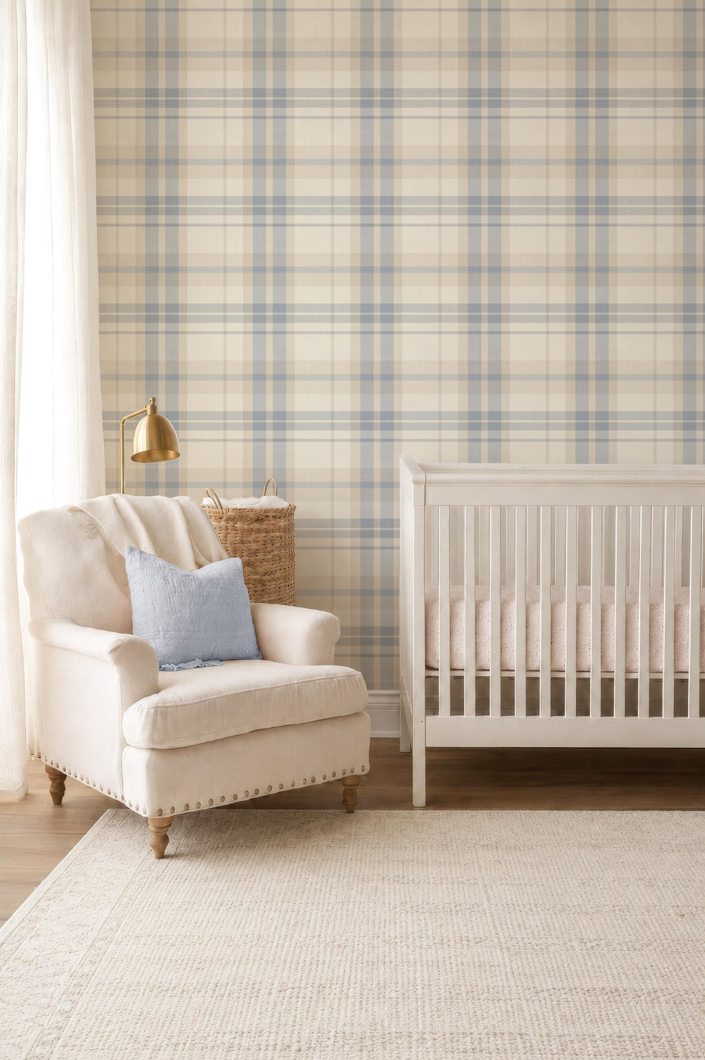 Blue Plaid removable Wallpaper: Modern cozy Cottage Decor soft blue and beige plaid - soft nursery wallpaper - peel and stick wallpaper