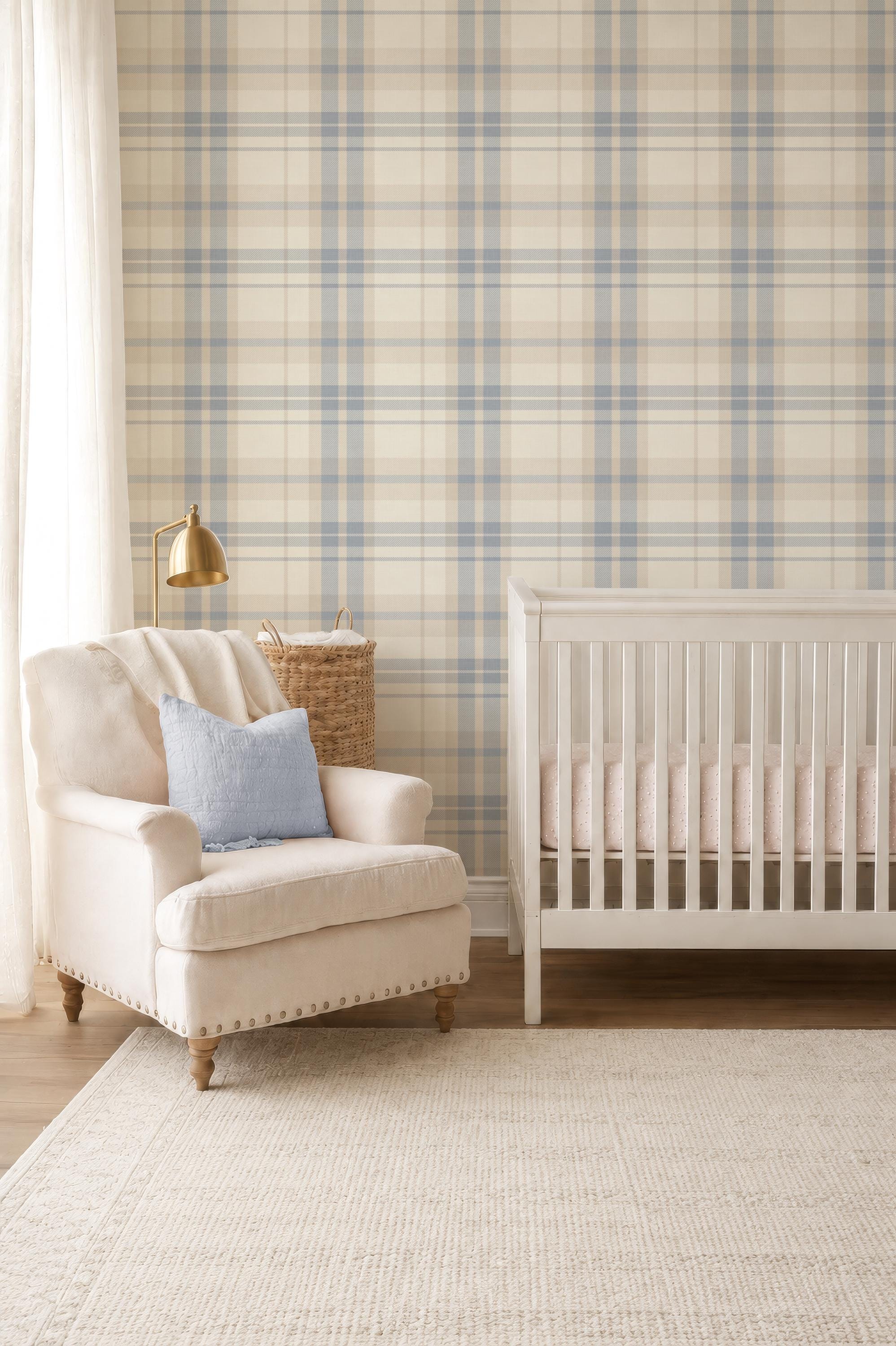 Blue Plaid removable Wallpaper: Modern cozy Cottage Decor soft blue and beige plaid - soft nursery wallpaper - peel and stick wallpaper