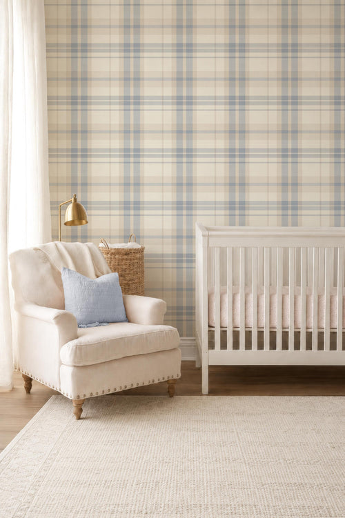 Blue Plaid removable Wallpaper: Modern cozy Cottage Decor soft blue and beige plaid - soft nursery wallpaper - peel and stick wallpaper