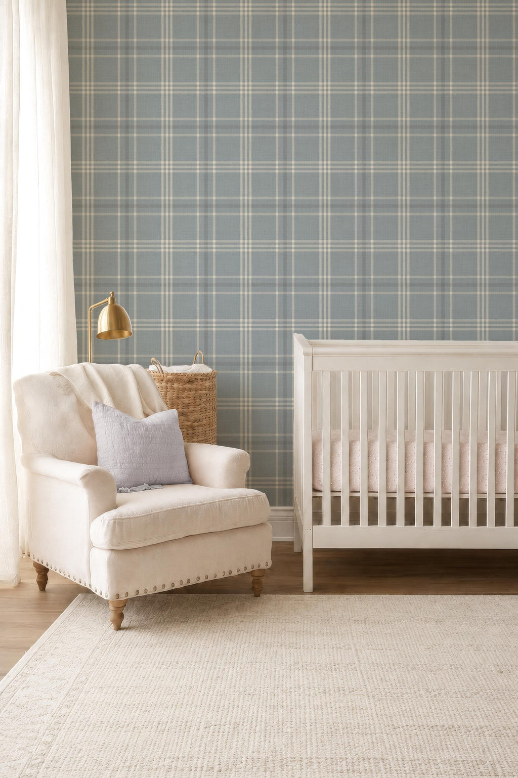 Neutral Blue Plaid Wallpaper: Modern Cottage Baby Nursery Decor (Peel and Stick)