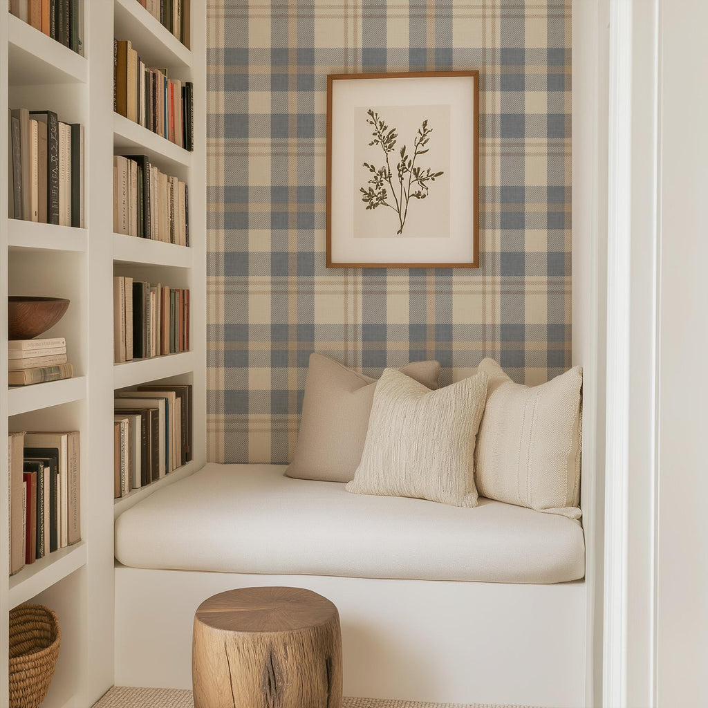 Neutral blue and beige Plaid Wallpaper – Rustic Check Pattern for Cozy Scandinavian & Farmhouse Interiors - FREE SHIPPING