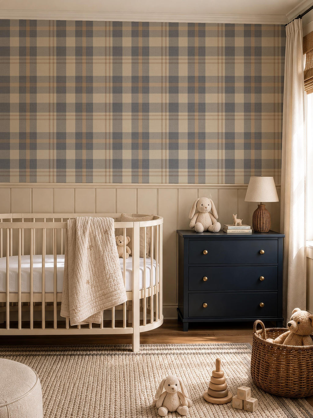 Neutral blue and beige Plaid Wallpaper – Rustic Check Pattern for Cozy Scandinavian & Farmhouse Interiors - FREE SHIPPING