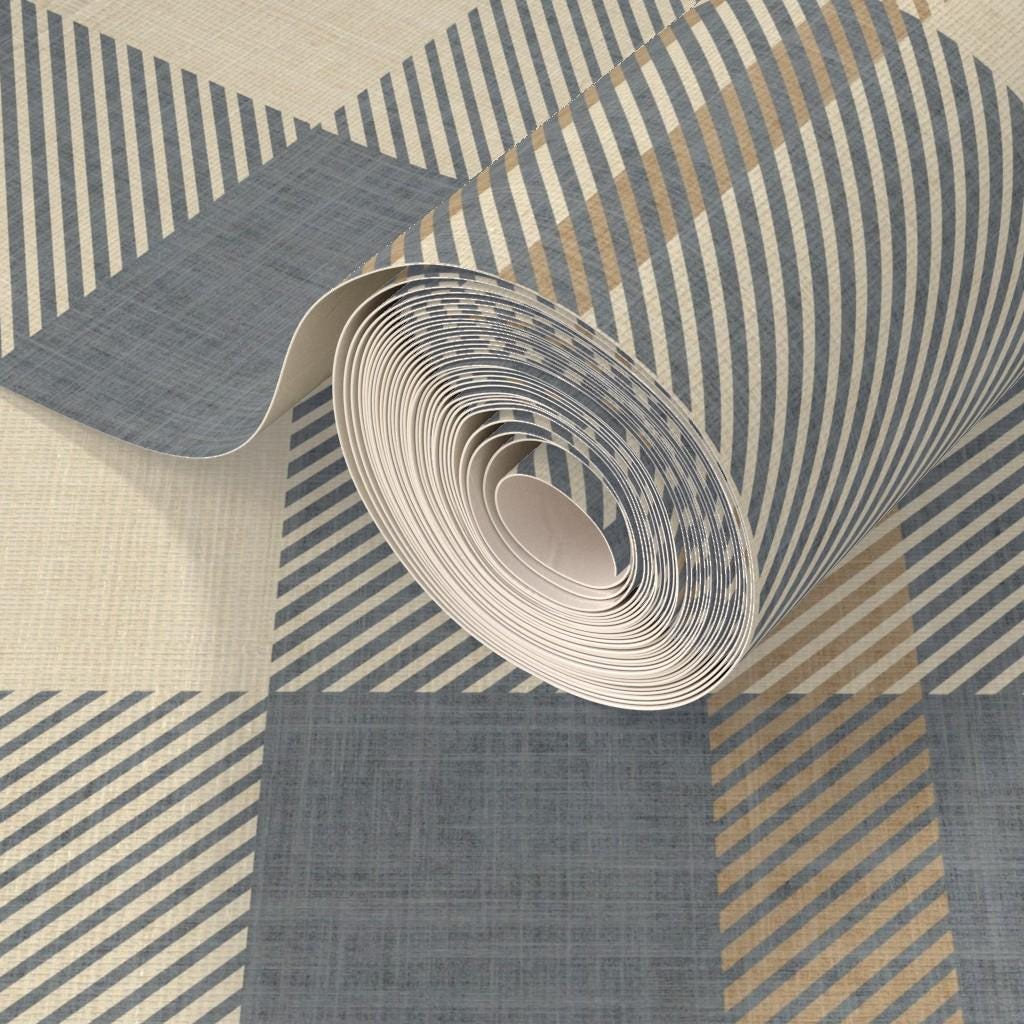 Neutral blue and beige Plaid Wallpaper – Nordic plaid design Farmhouse Interiors - Traditional Tartan Wall Decor, Peel & Stick or Grasscloth