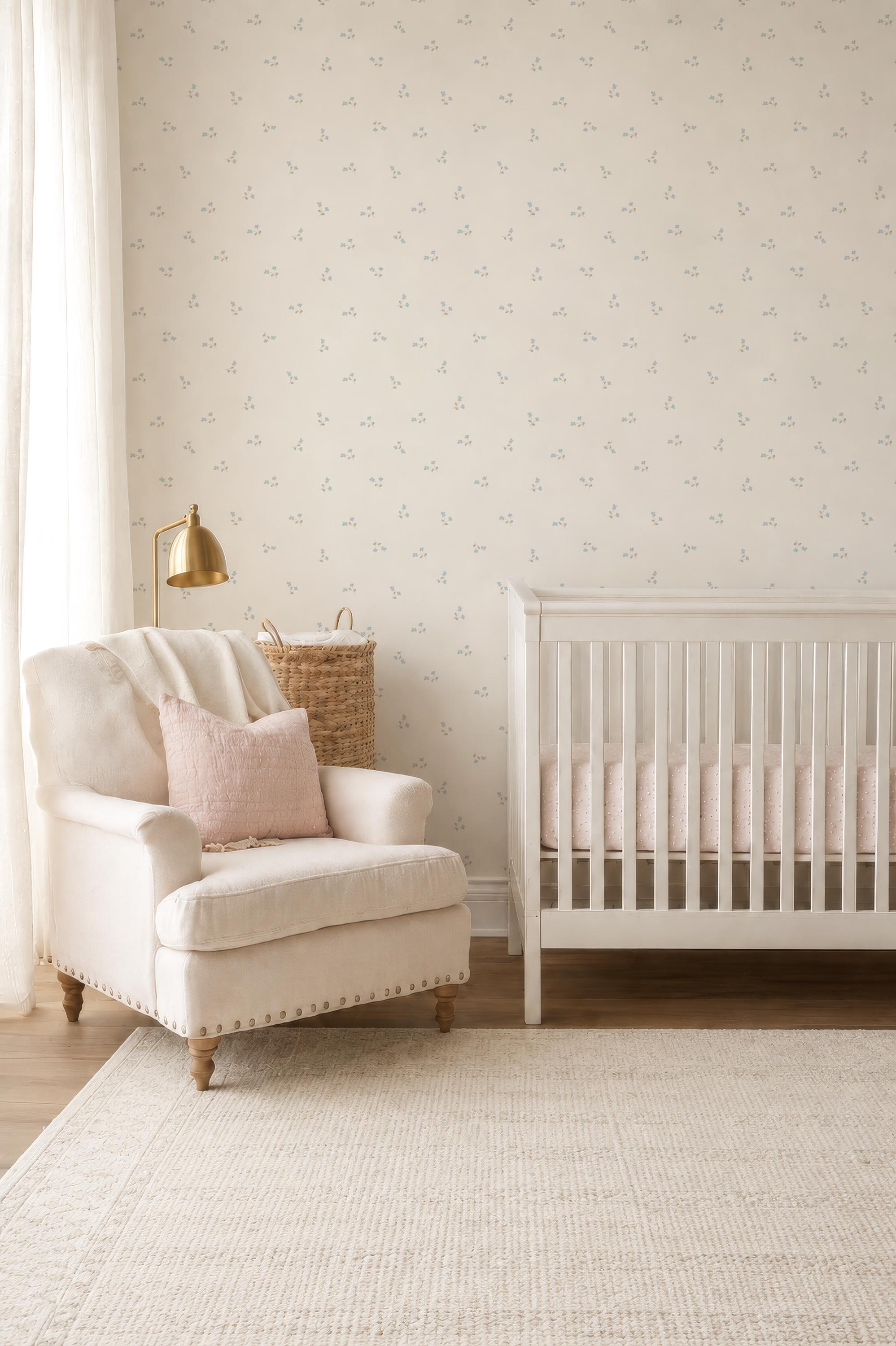 Soft Blue Ditsy Floral Wallpaper – Vintage Cottagecore Nursery Wall Covering (Peel and Stick) - Soft Blue ditsy bloom Cottage Baby Room