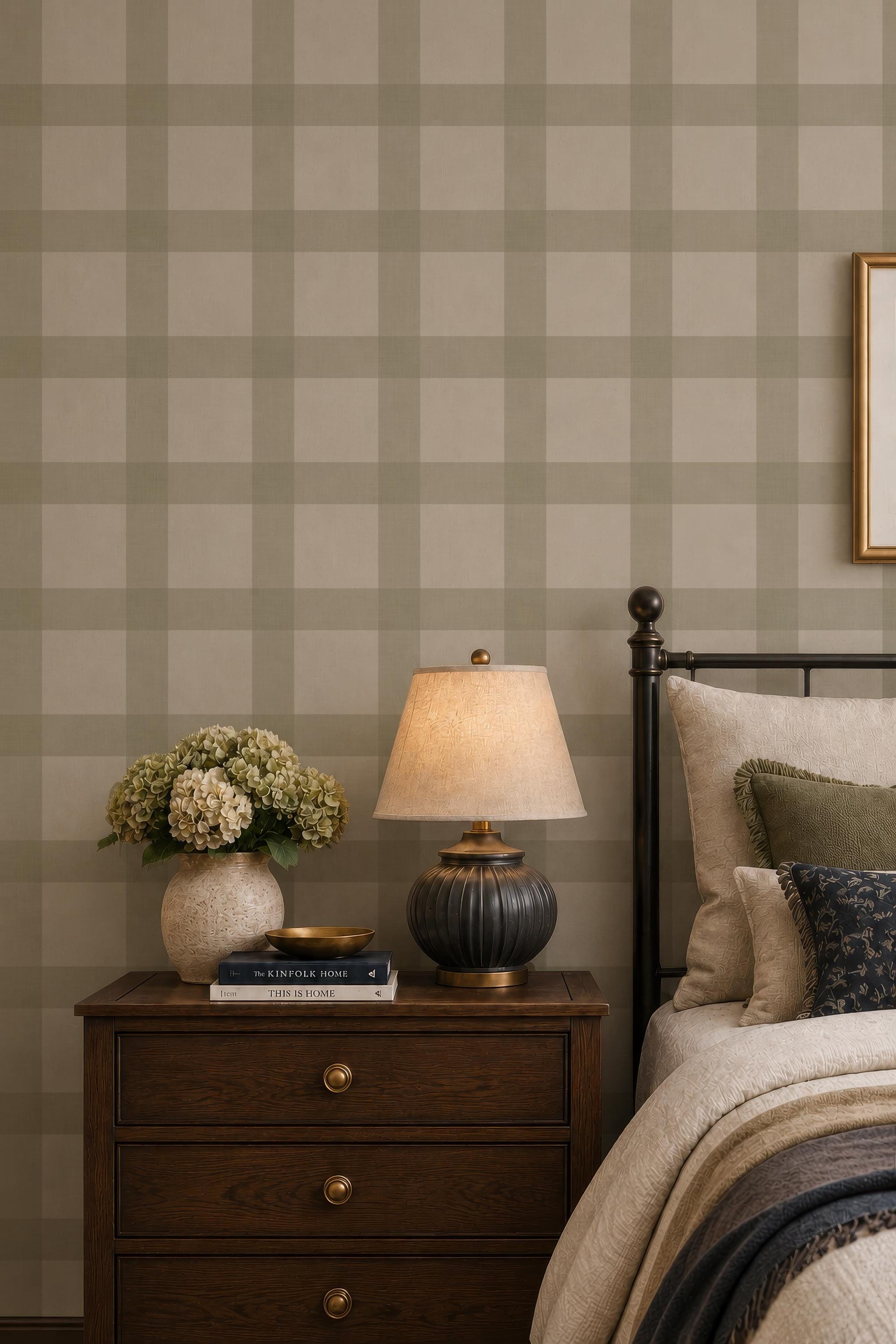Sage Green Buffalo Plaid Wallpaper, Peel and Stick Nursery Decor, Farmhouse Check (Removable)