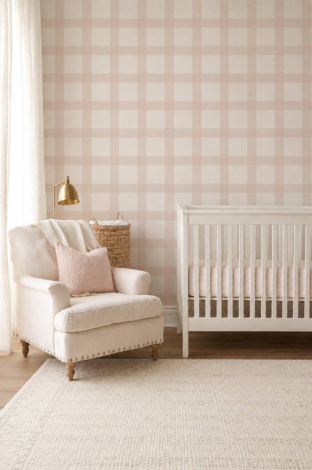 Blush Pink Gingham Wallpaper: Cozy Cottage, Nursery Wall Covering (Peel and Stick) Kid Playroom Wall Decor Vintage Baby Room Peel and Stick