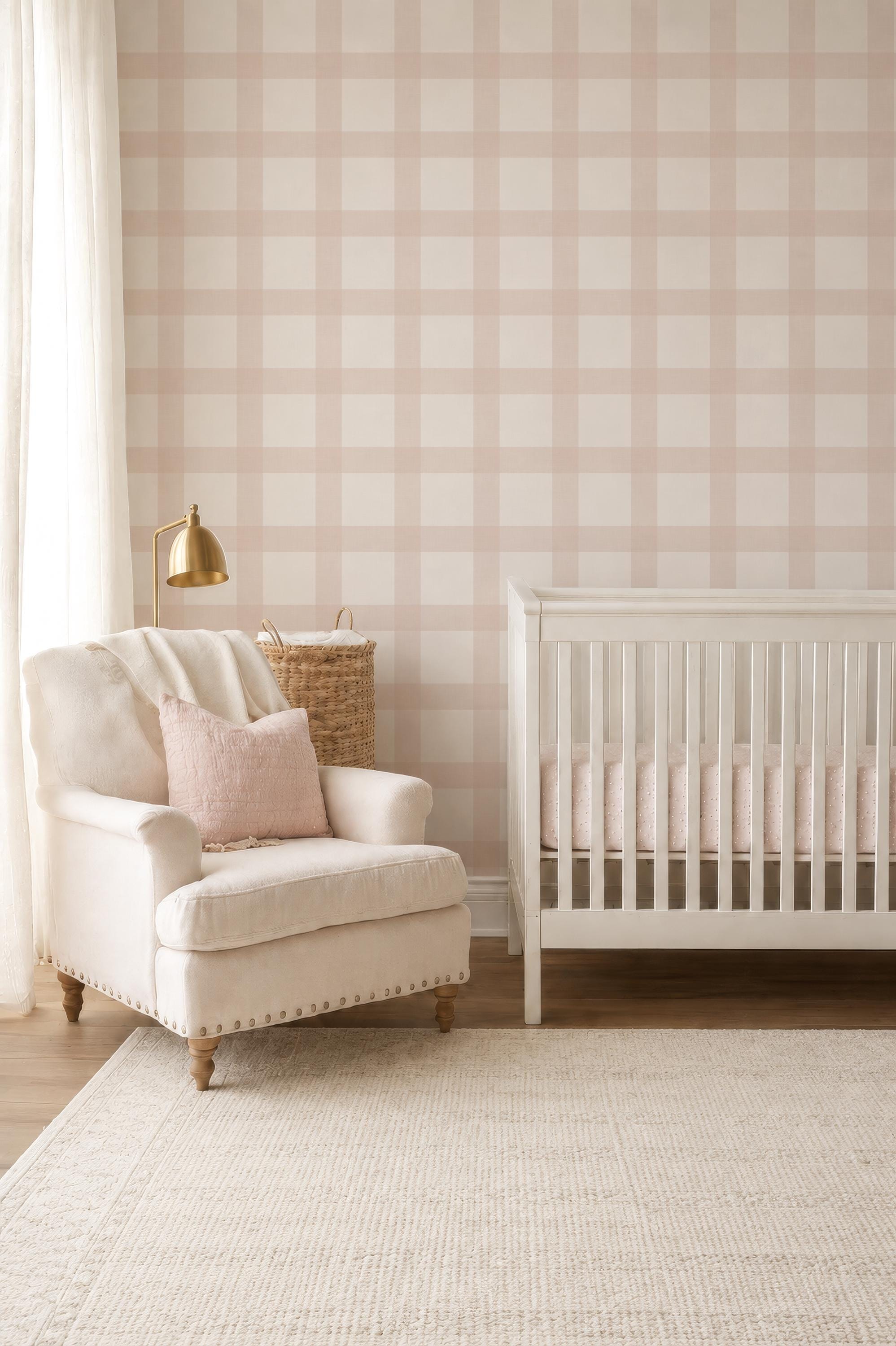 Blush Pink Gingham Wallpaper: Cozy Cottage, Nursery Wall Covering (Peel and Stick) Kid Playroom Wall Decor Vintage Baby Room Peel and Stick