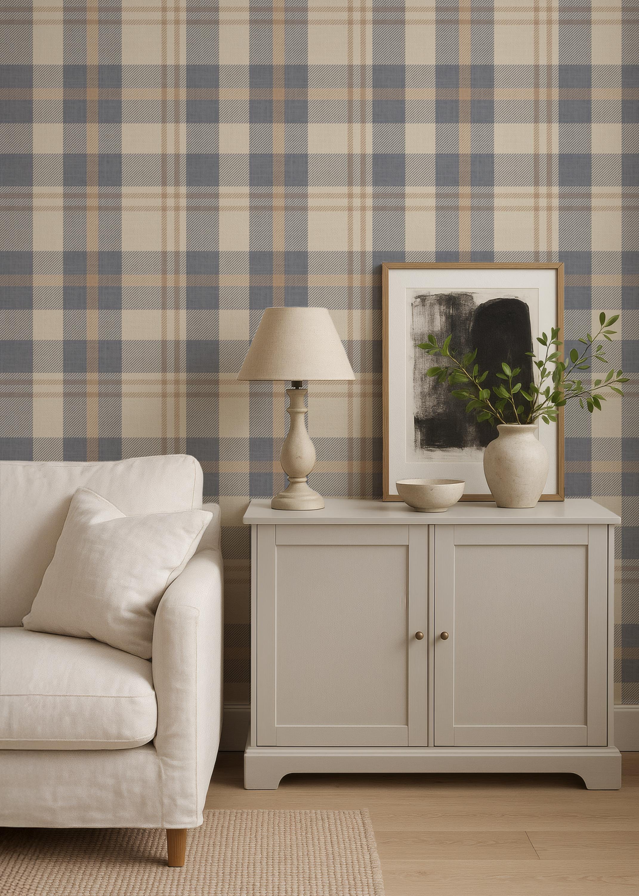 Neutral blue and beige Plaid Wallpaper – Nordic plaid design Farmhouse Interiors - Traditional Tartan Wall Decor, Peel & Stick or Grasscloth