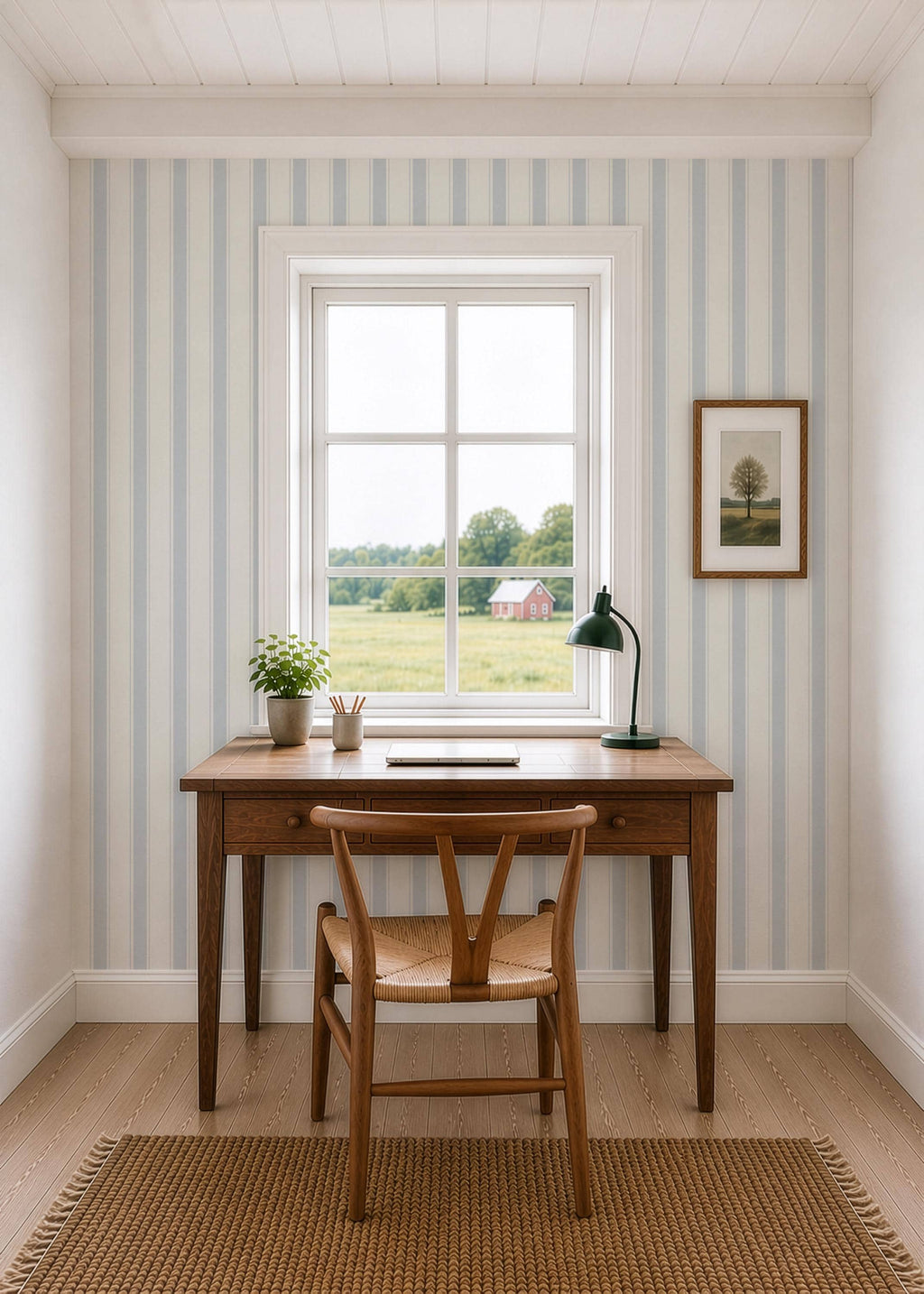 Blue Nursery Striped wallpaper, granny chic farmhouse ticking stripes, removable cottage striped wall decor with texture, peel and stick