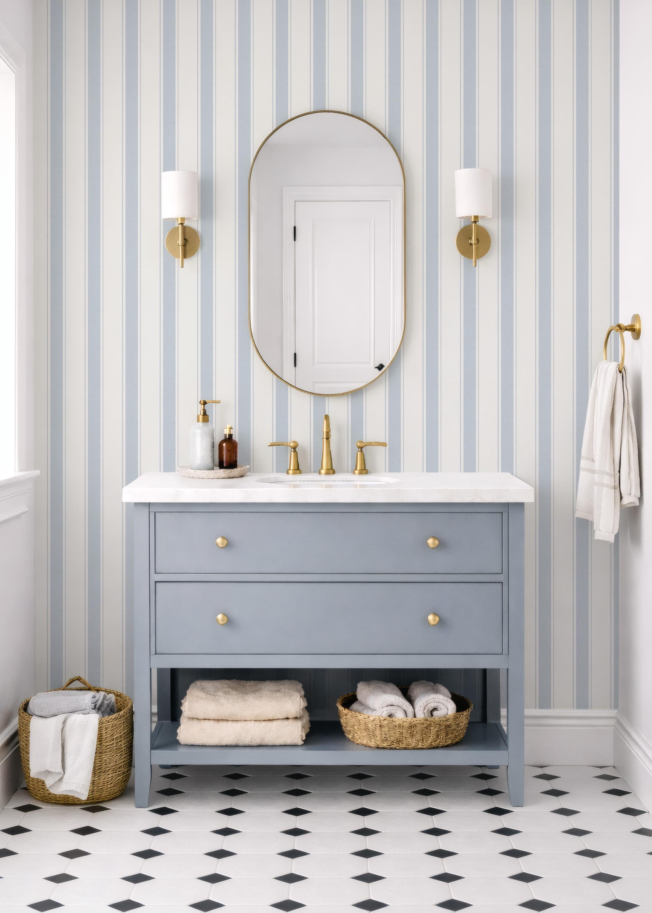 Blue Nursery Striped wallpaper, granny chic farmhouse ticking stripes, removable cottage striped wall decor with texture, peel and stick