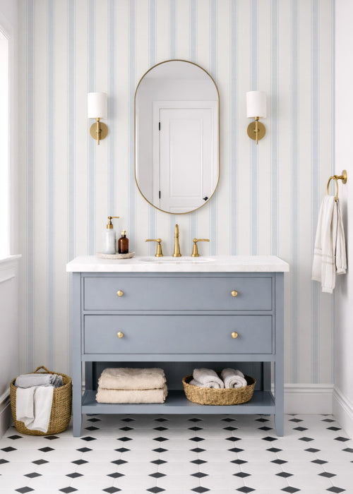 Blue Striped Boy Nursery Wallpaper, Peel and Stick Vertical Stripe Wall Covering, Vintage Baby Room Accent Wall
