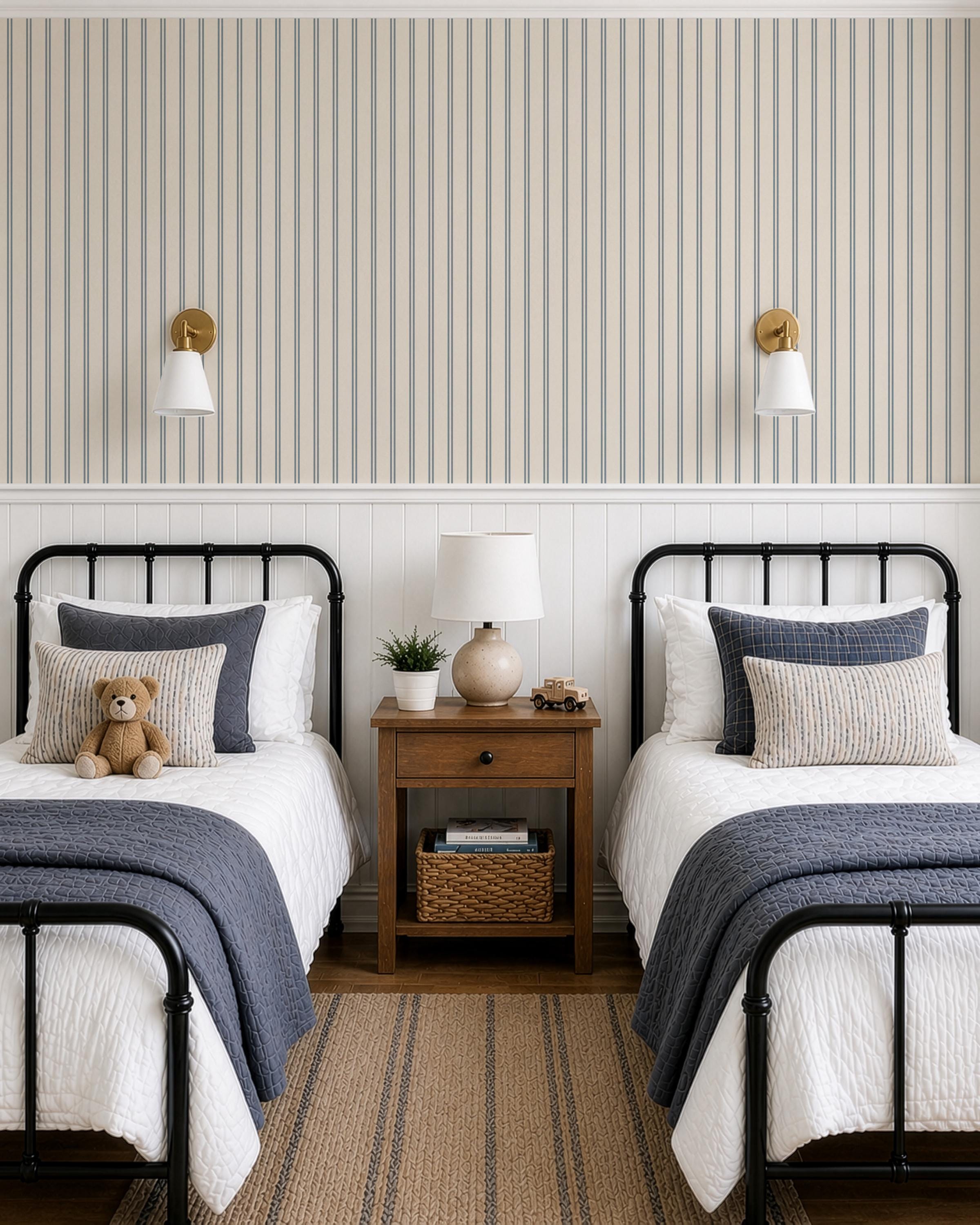 Blue striped wallpaper cozy dusty blue thin lines wall covering cute nursery wall decor coastal farmhouse elegant wallpaper peel and stick