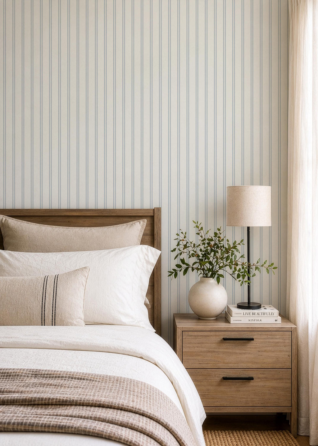 Cottage Nursery Light Blue Double Ticking Striped Wallpaper pastel double striped Wall Covering Farmhouse Nursery Linen Texture (Removable)