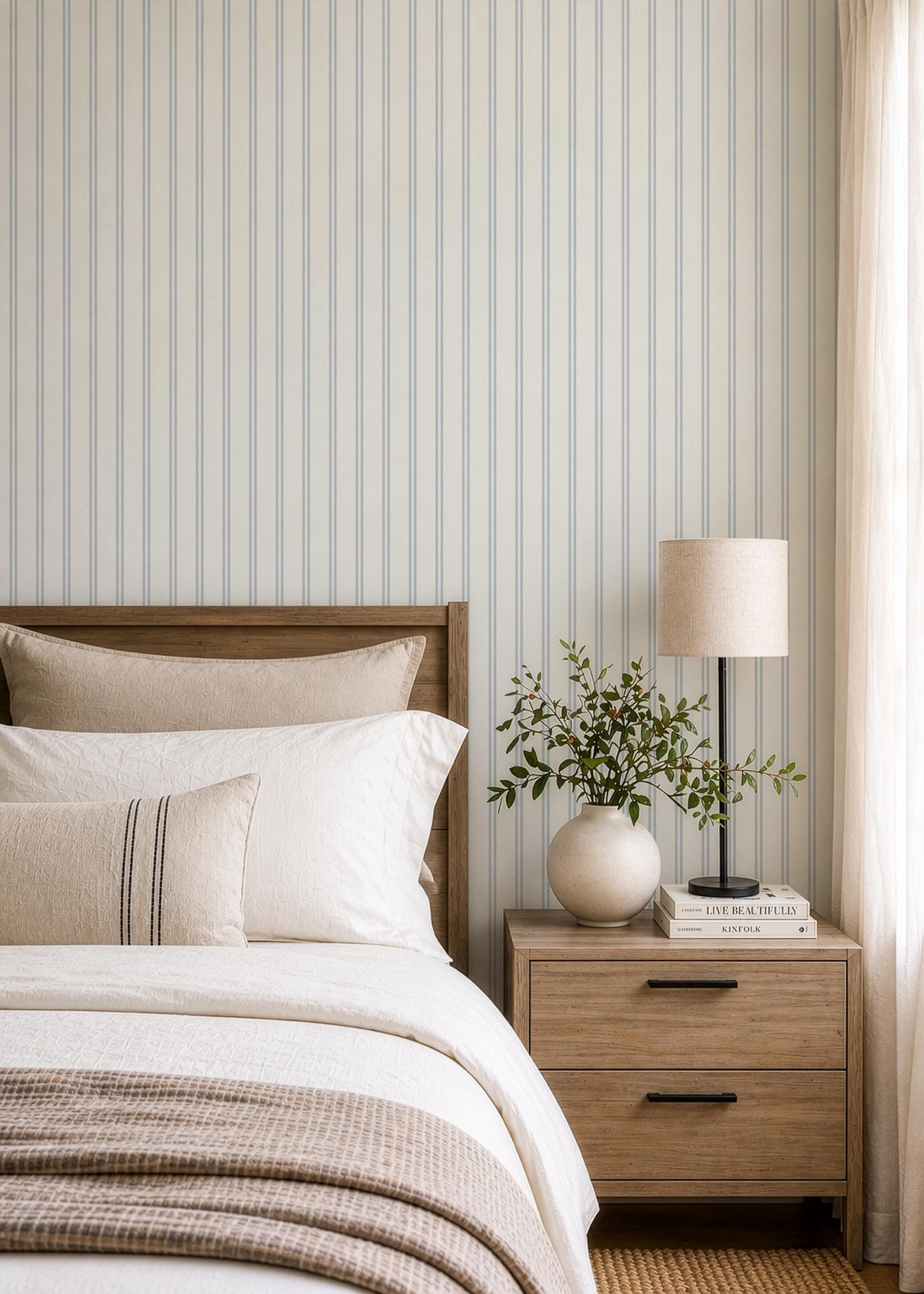 Cottage Nursery Light Blue Double Ticking Striped Wallpaper pastel double striped Wall Covering Farmhouse Nursery Linen Texture (Removable)
